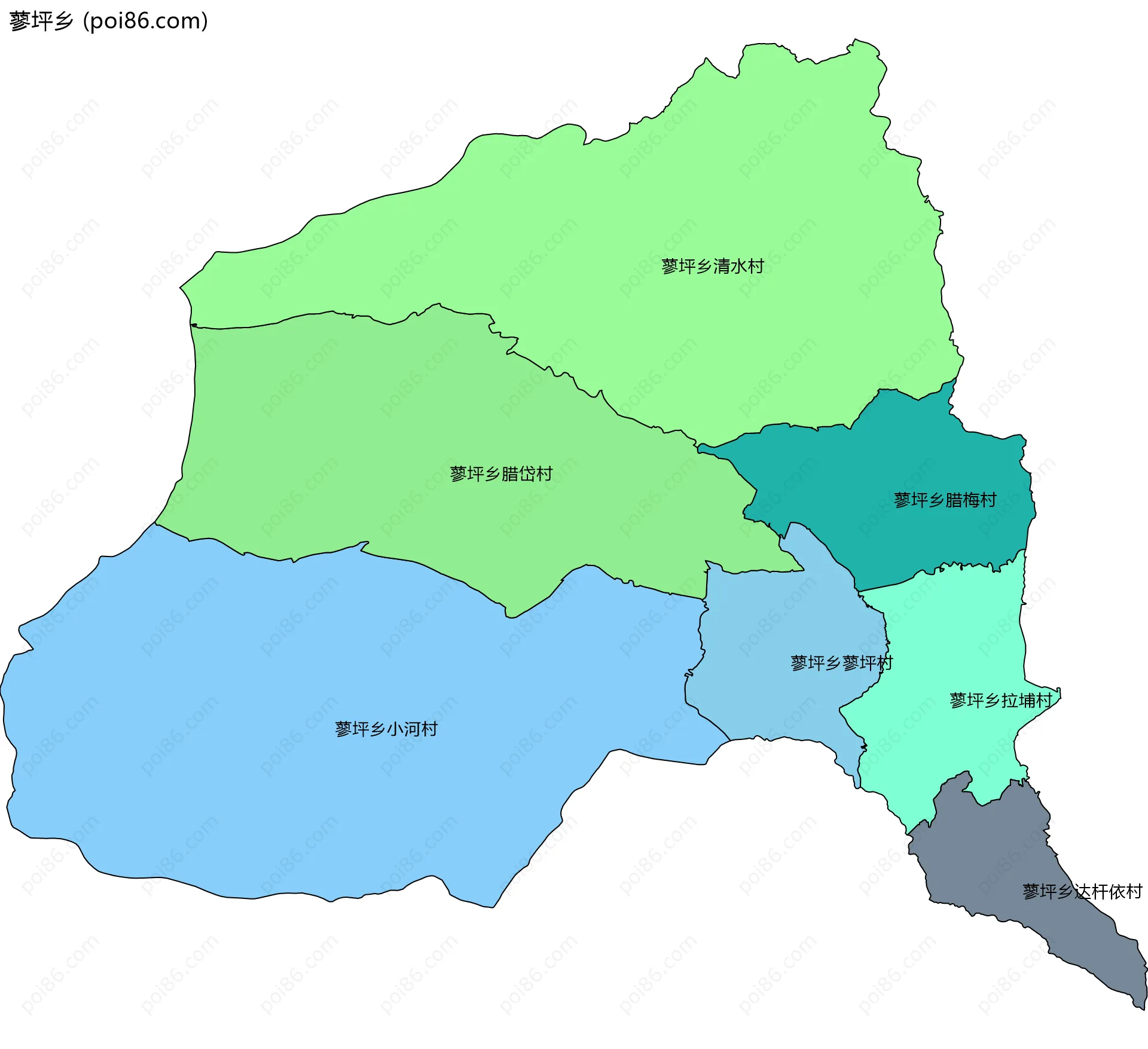 蓼坪乡边界地图(五级行政区划)