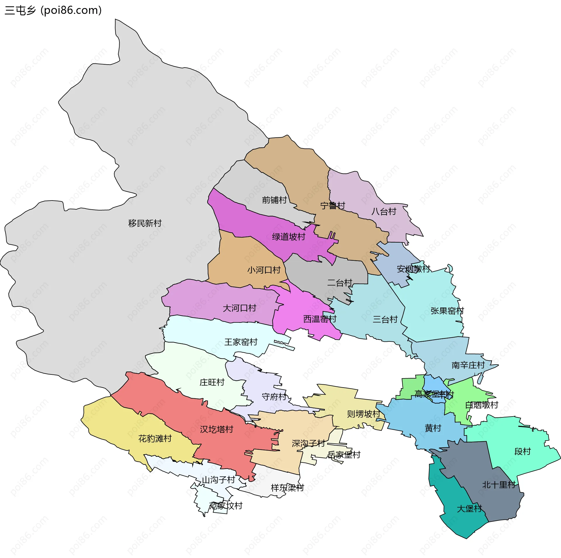 三屯乡边界地图(五级行政区划)