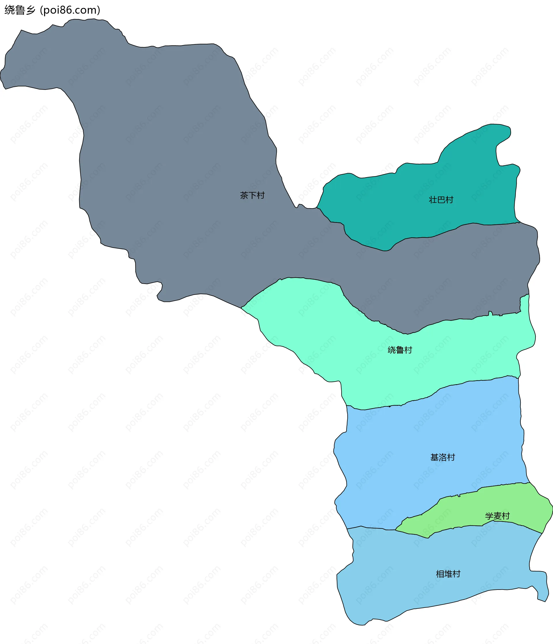 绕鲁乡边界地图(五级行政区划)
