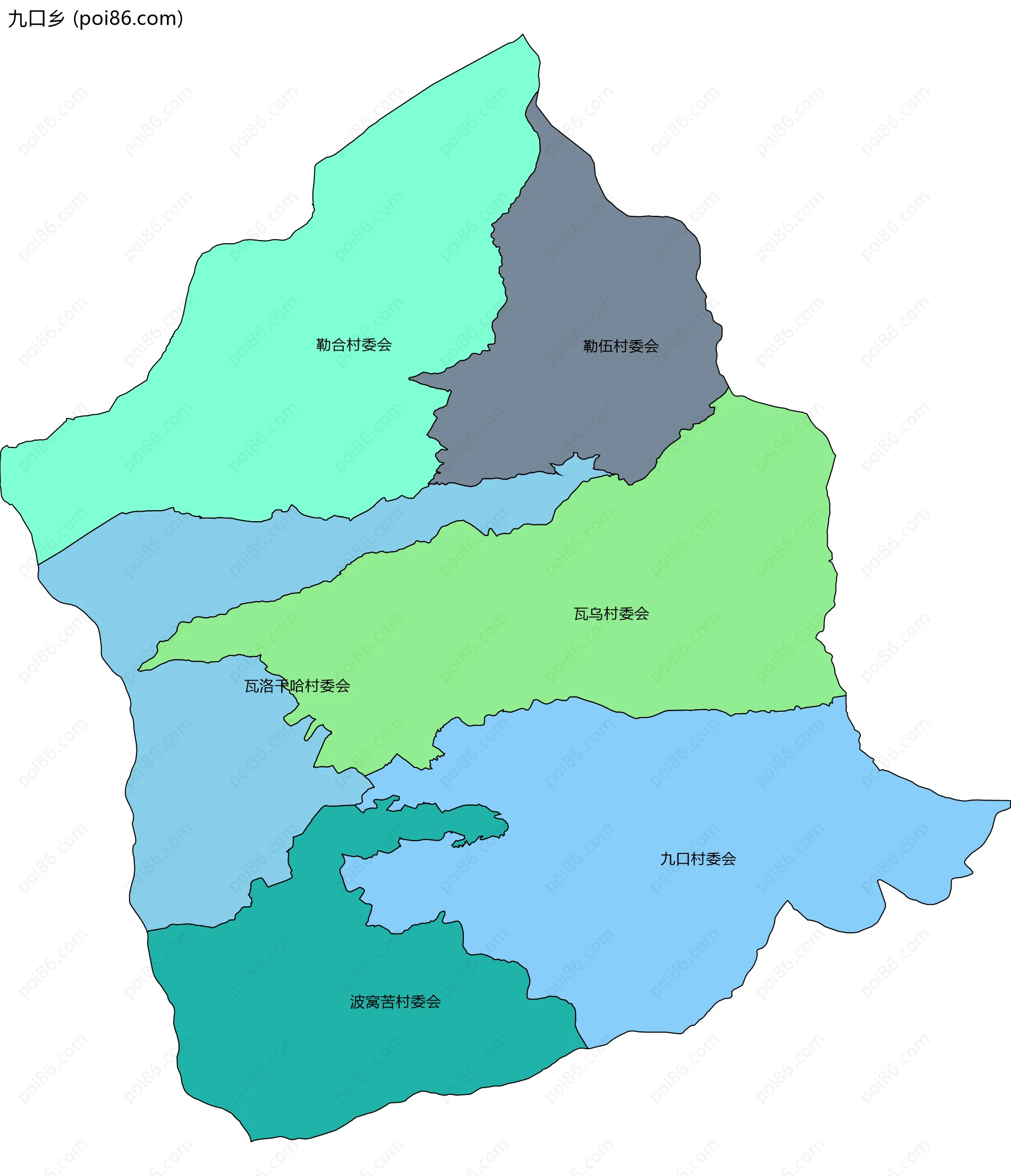 九口乡边界地图(五级行政区划)