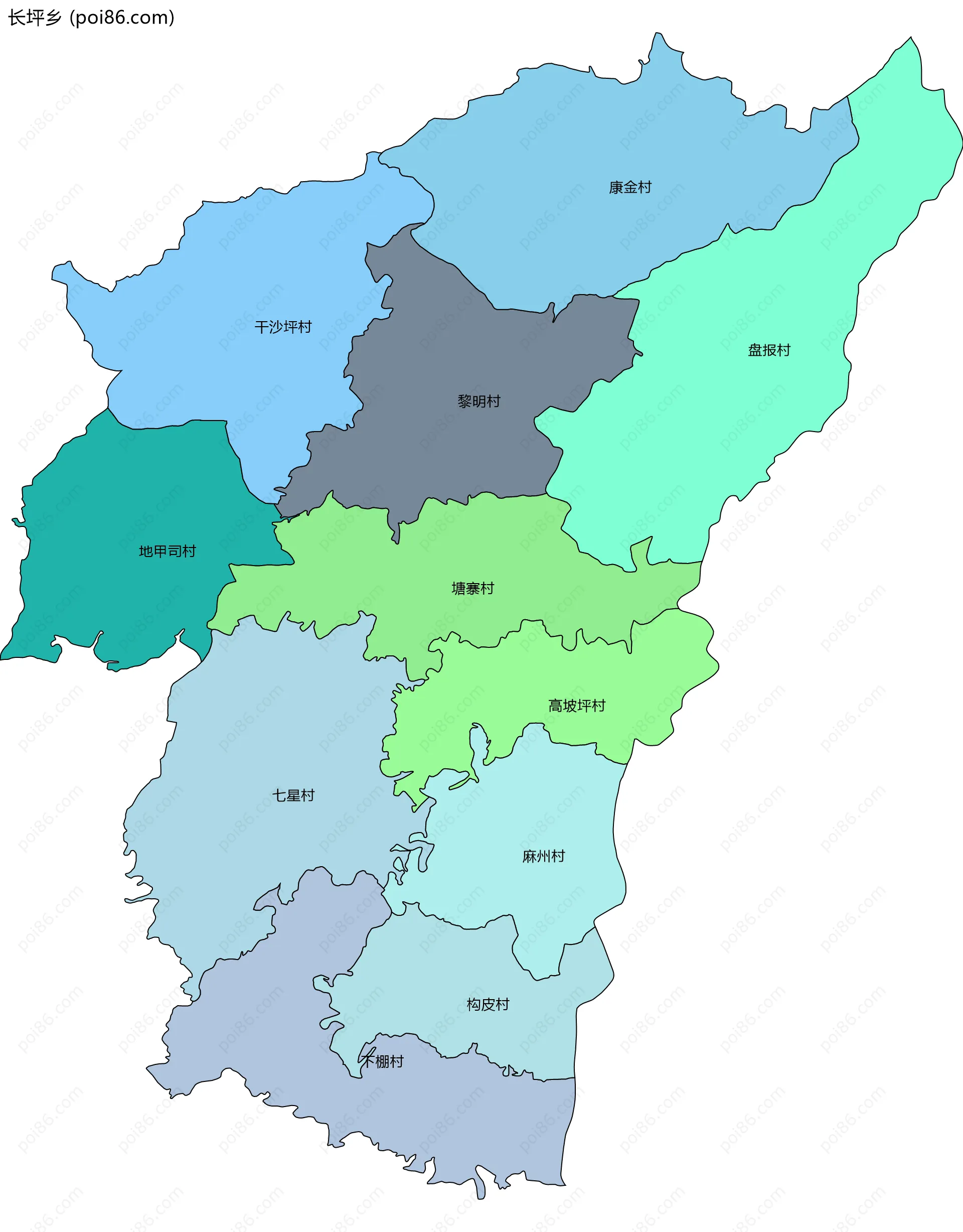 长坪乡边界地图(五级行政区划)