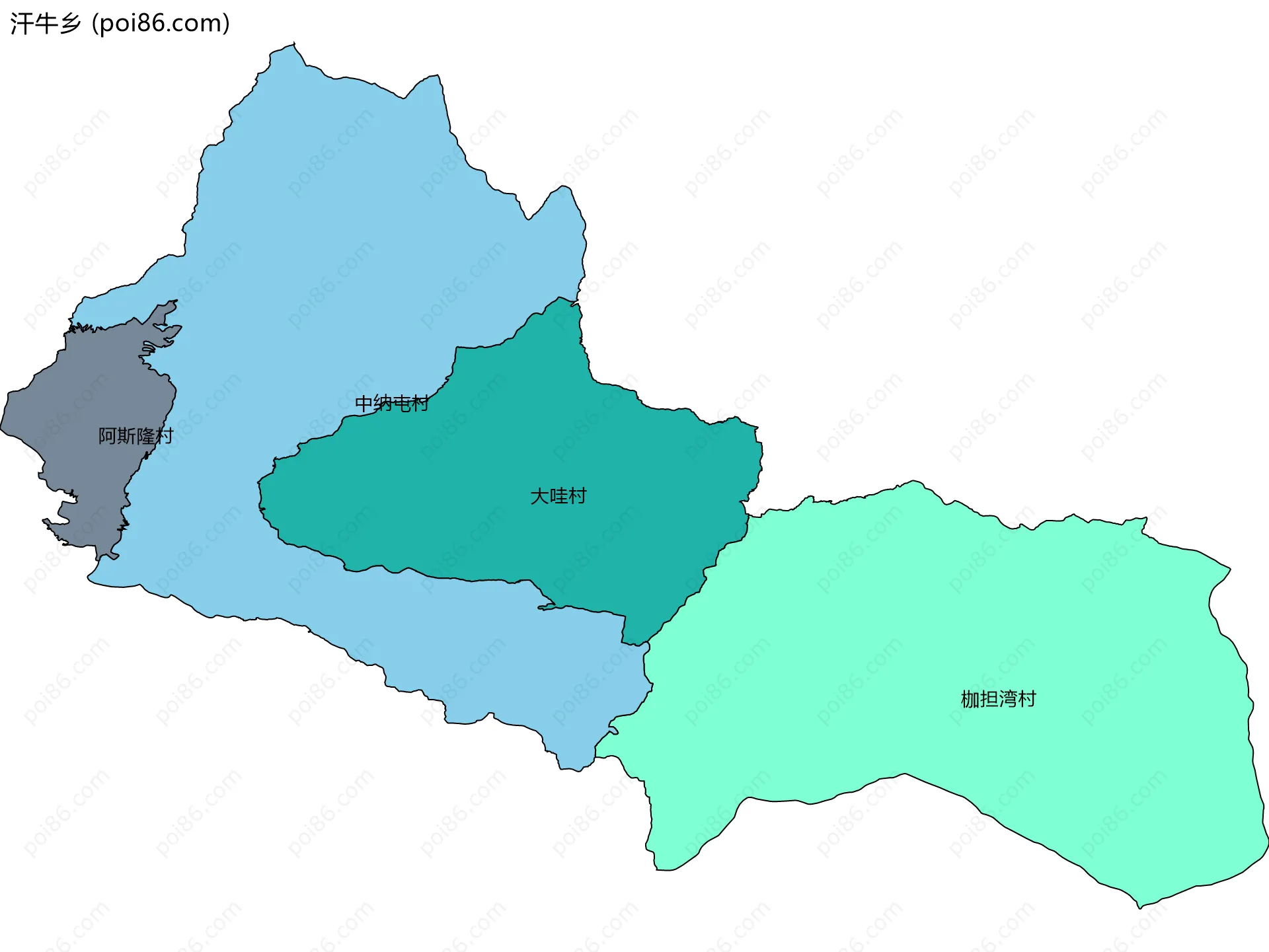 汗牛乡边界地图(五级行政区划)