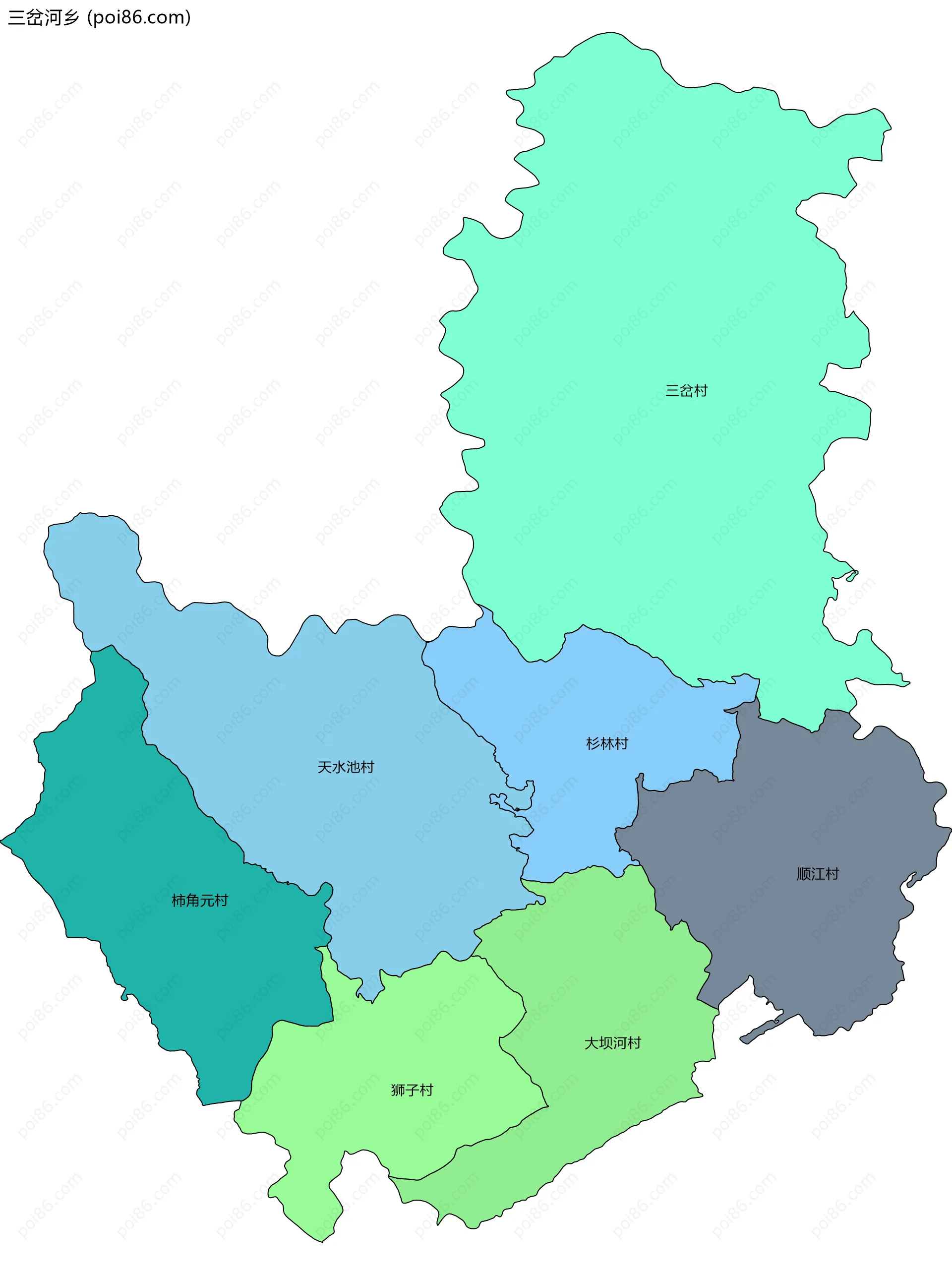 三岔河乡边界地图(五级行政区划)