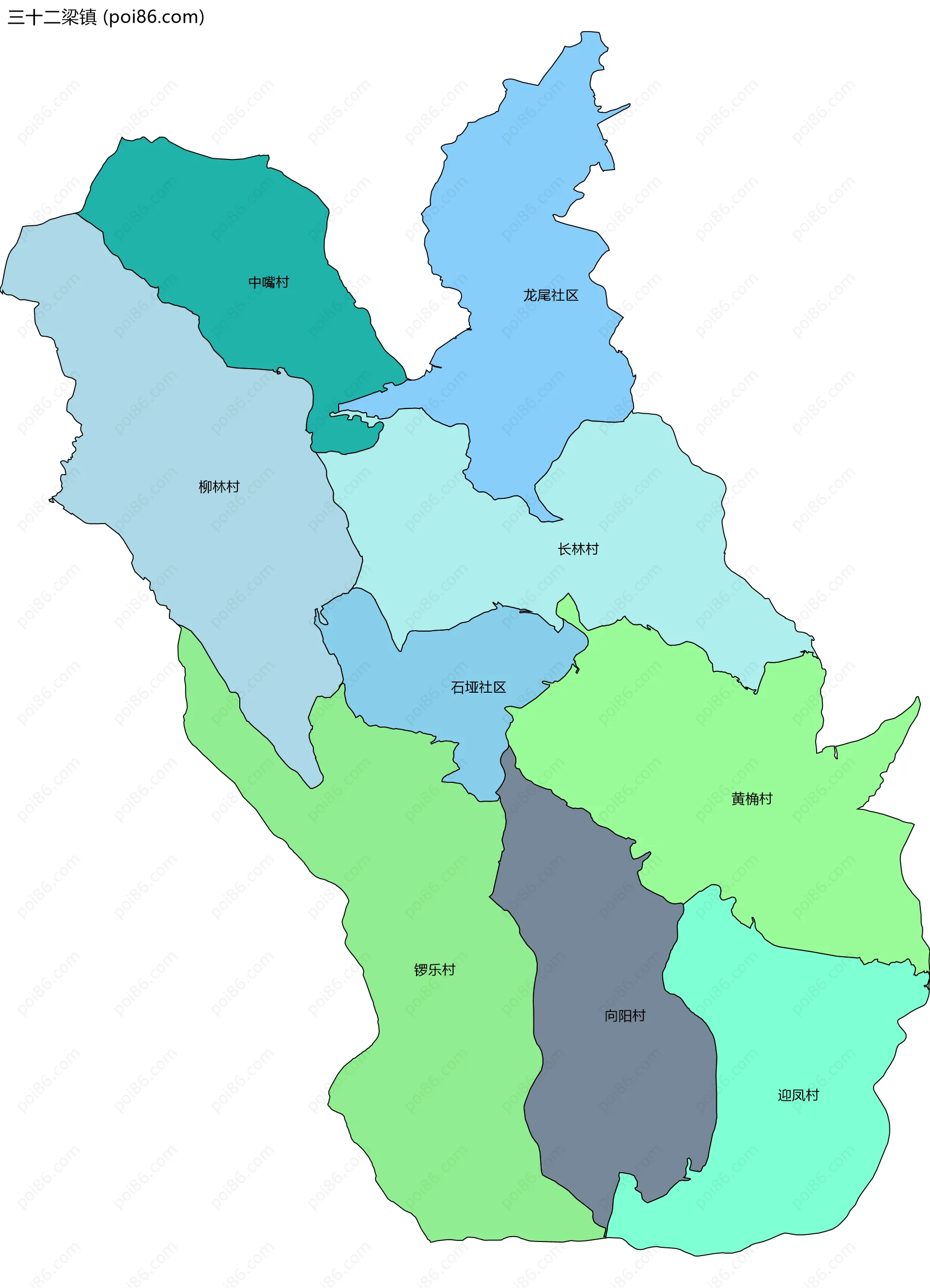 三十二梁镇边界地图(五级行政区划)