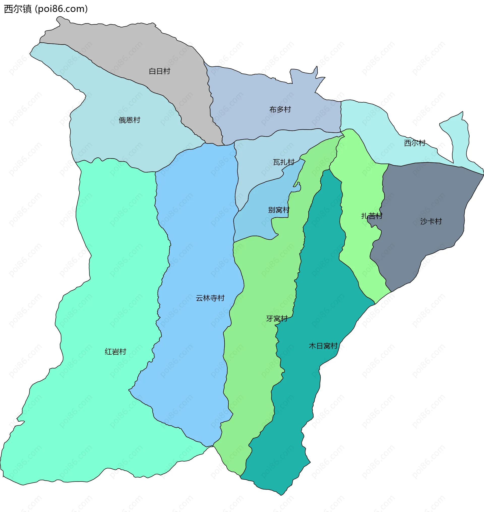 西尔镇边界地图(五级行政区划)