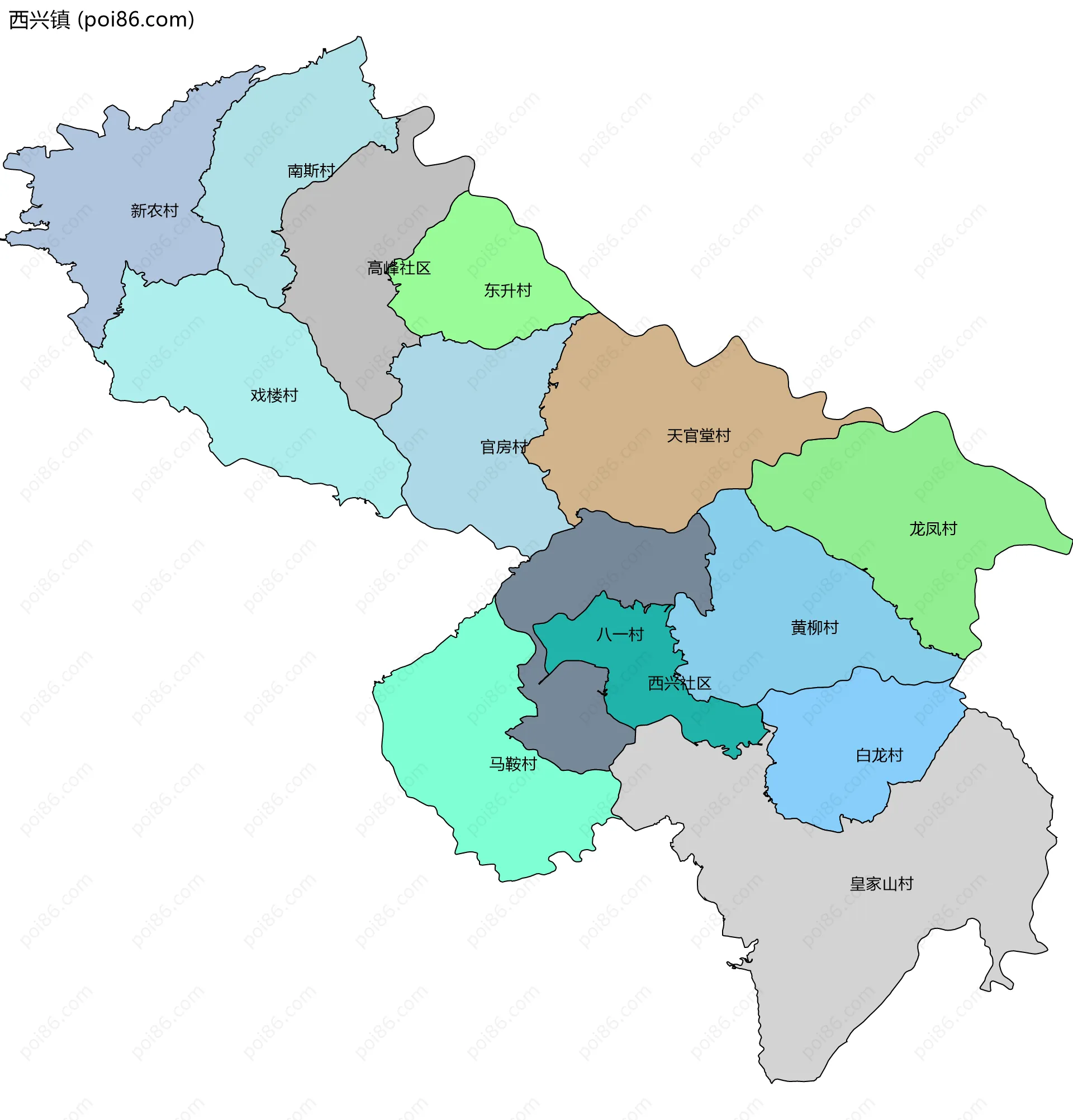 西兴镇边界地图(五级行政区划)