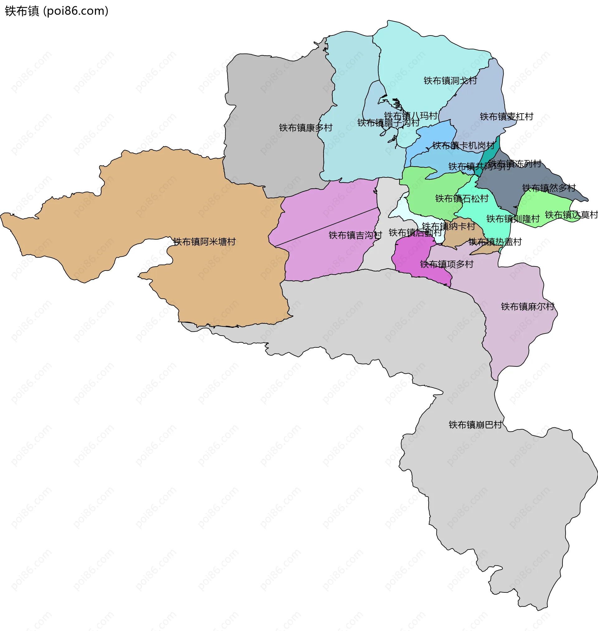 铁布镇边界地图(五级行政区划)