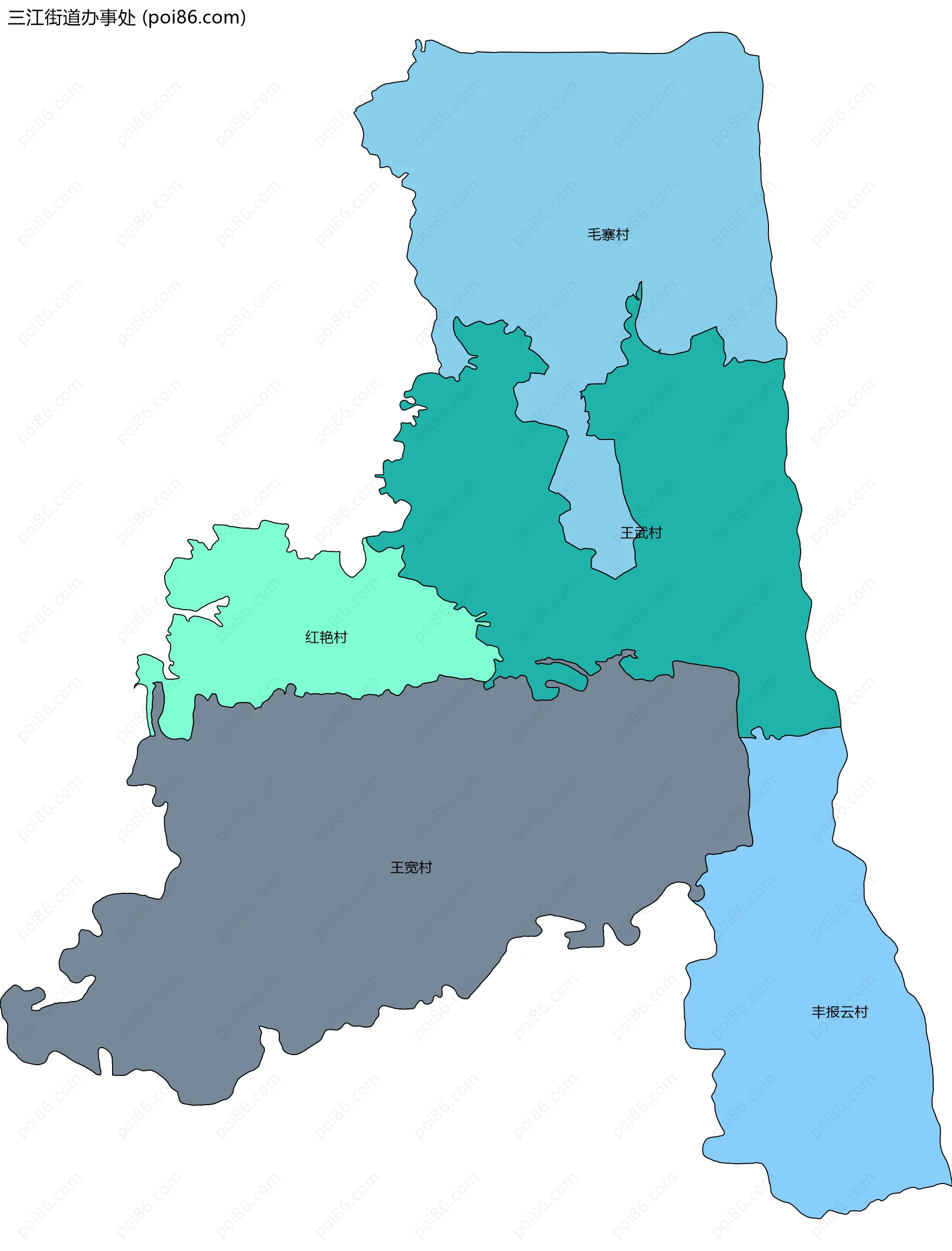 三江街道办事处边界地图(五级行政区划)