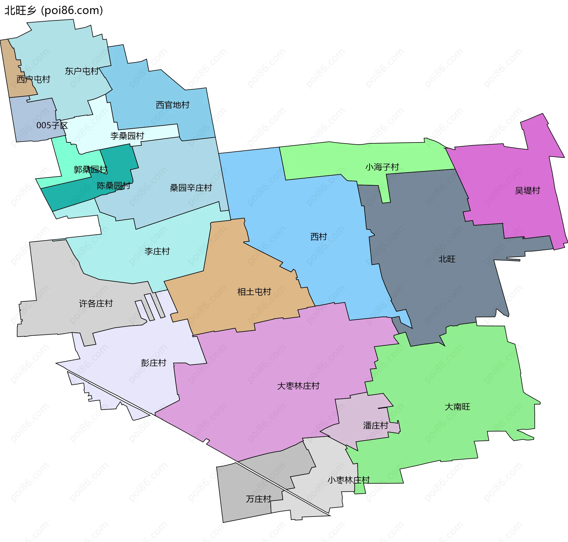 北旺乡边界地图(五级行政区划)