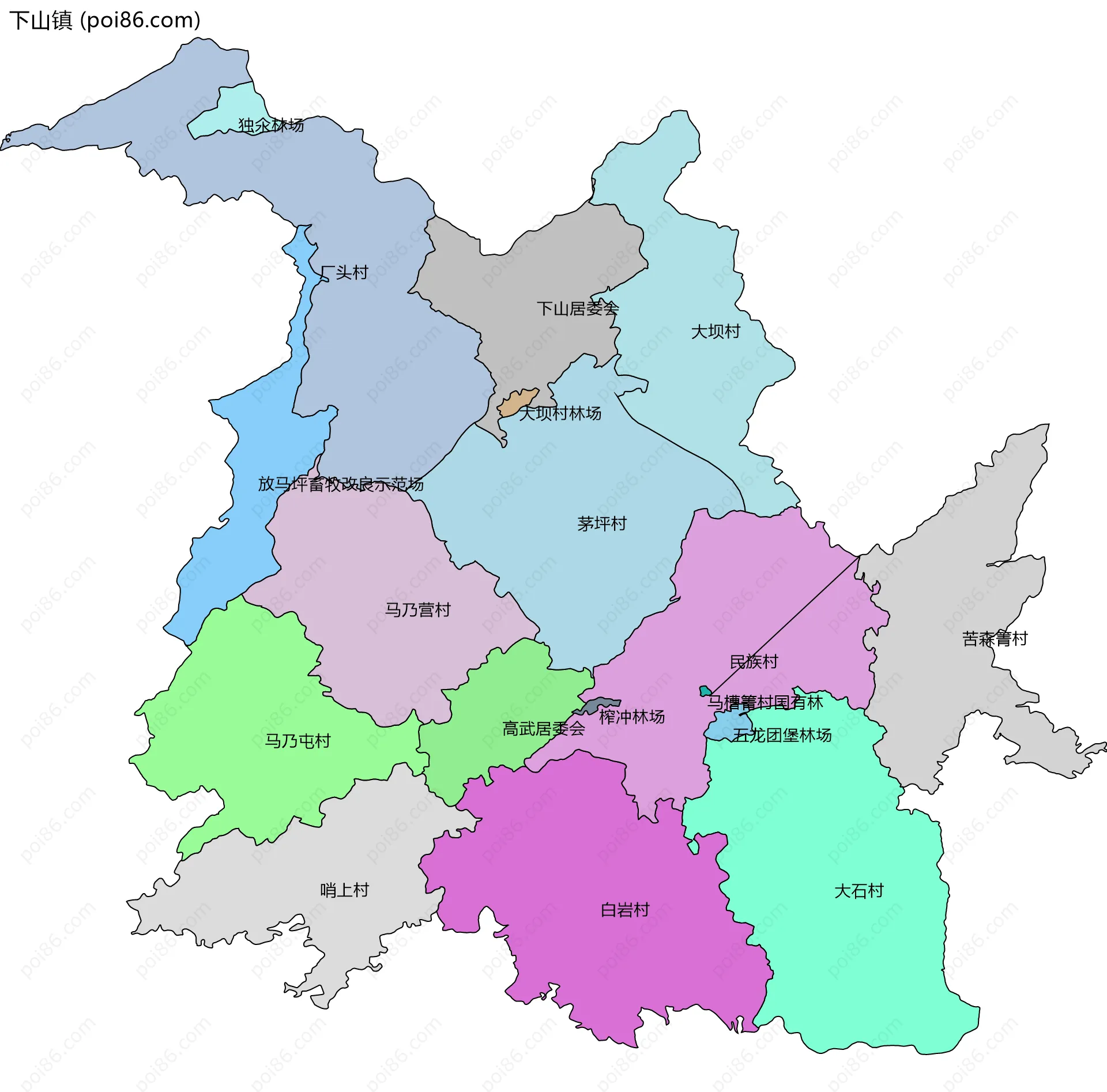 下山镇边界地图(五级行政区划)