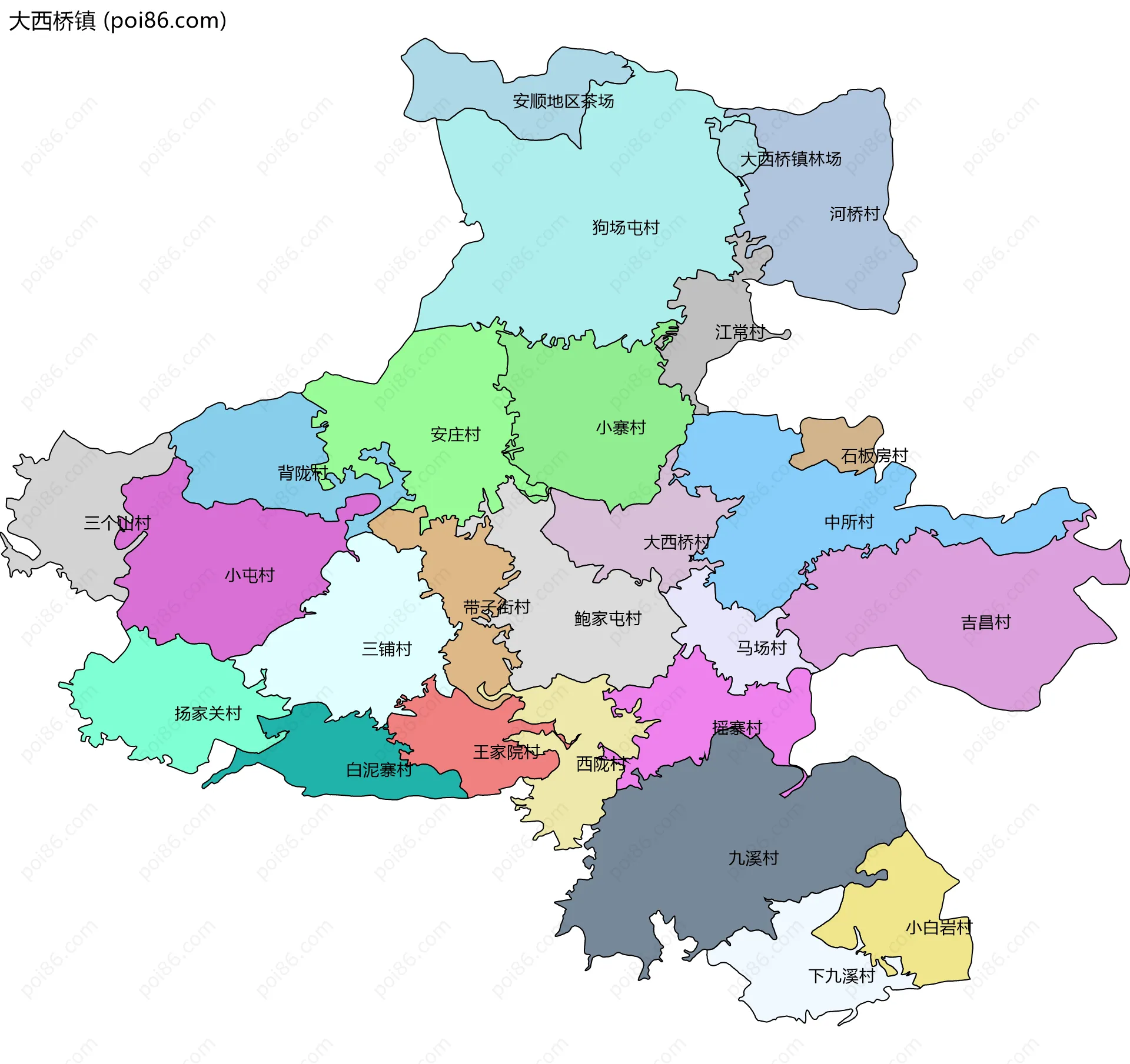 大西桥镇边界地图(五级行政区划)