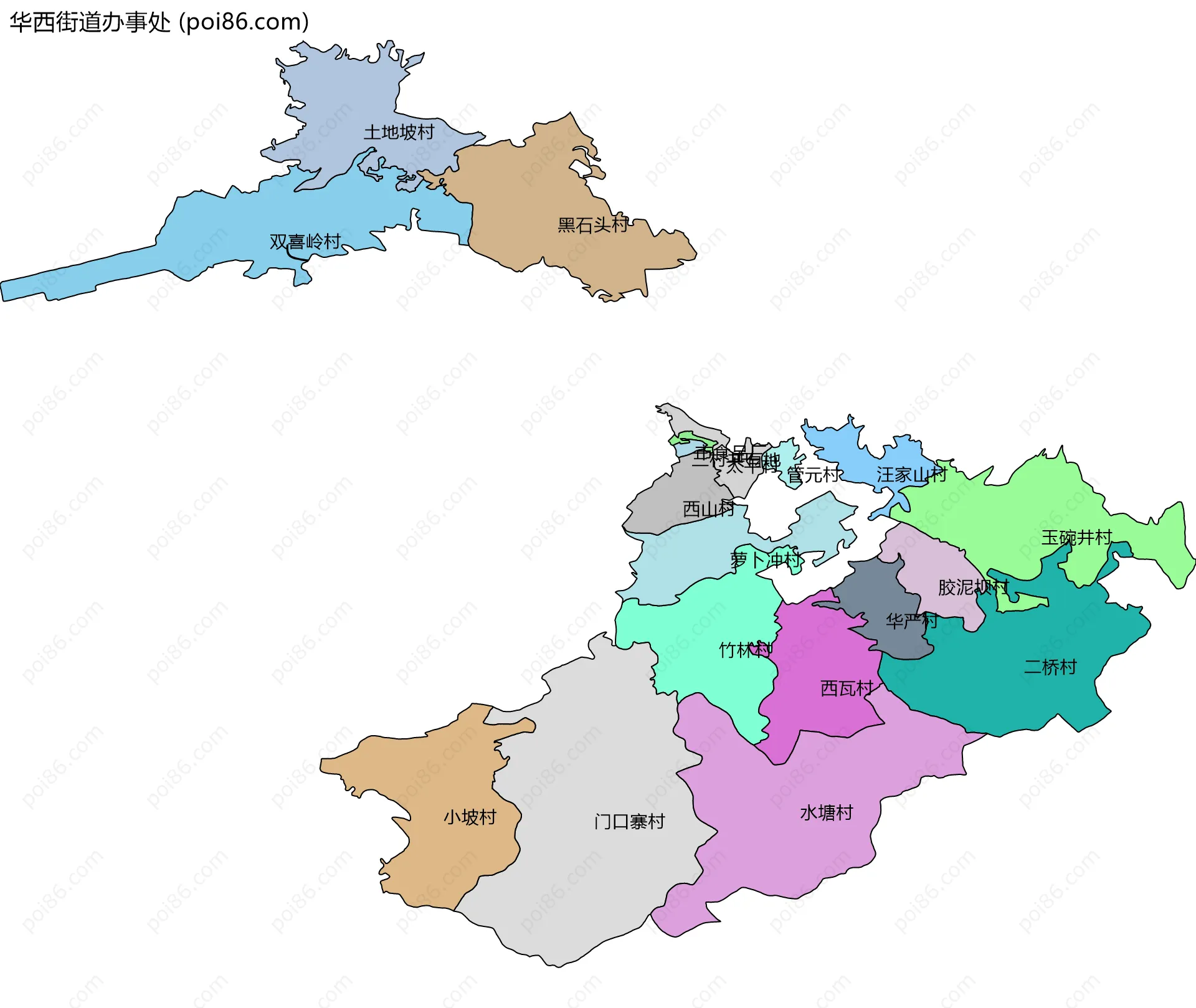 华西街道办事处边界地图(五级行政区划)