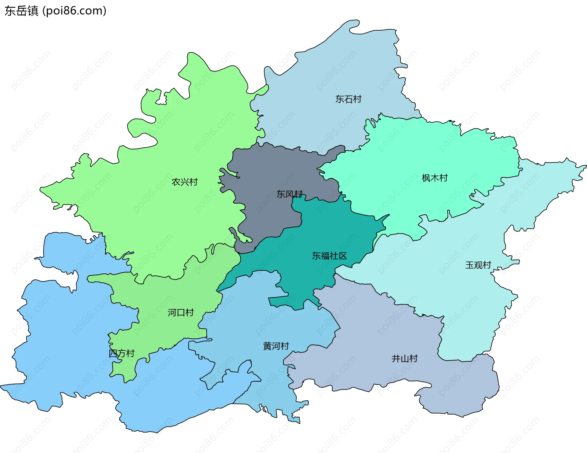 东岳镇边界地图(五级行政区划)
