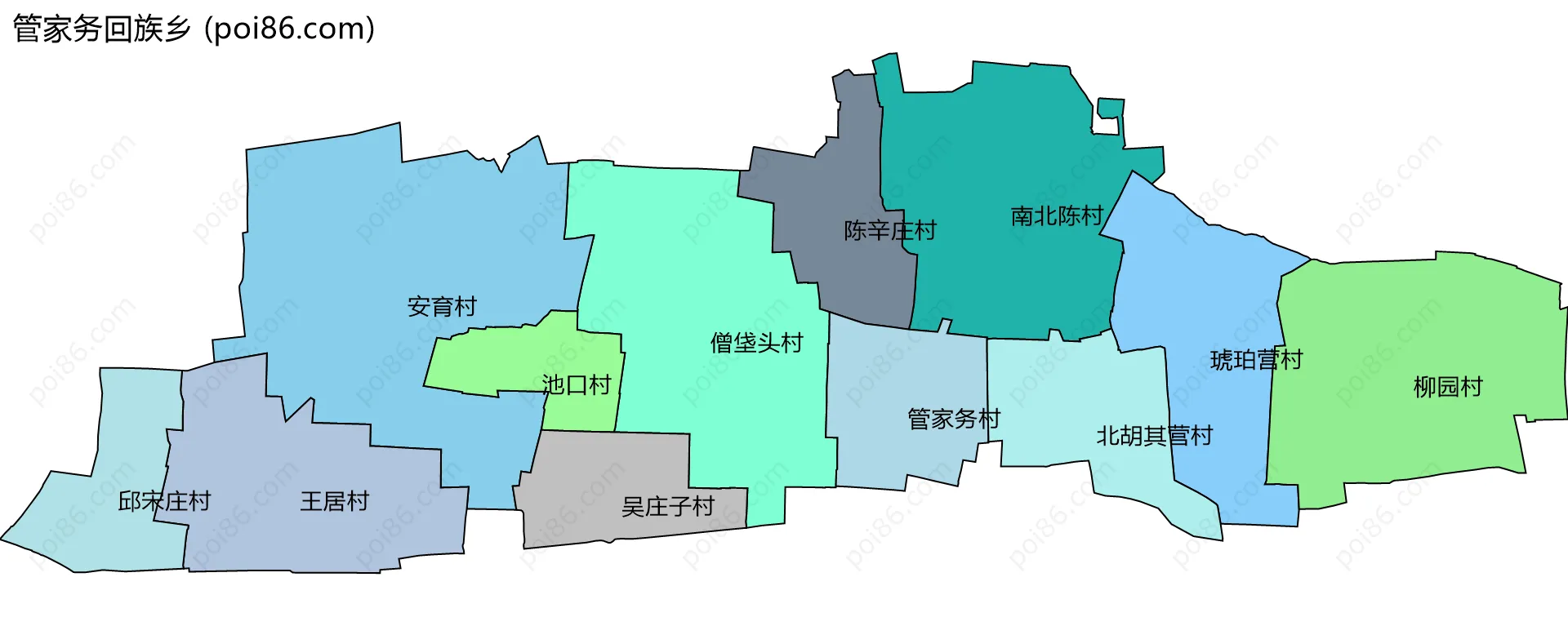管家务回族乡边界地图(五级行政区划)
