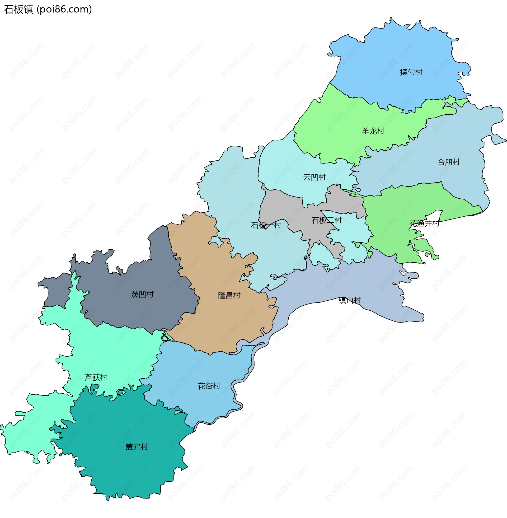 石板镇边界地图(五级行政区划)