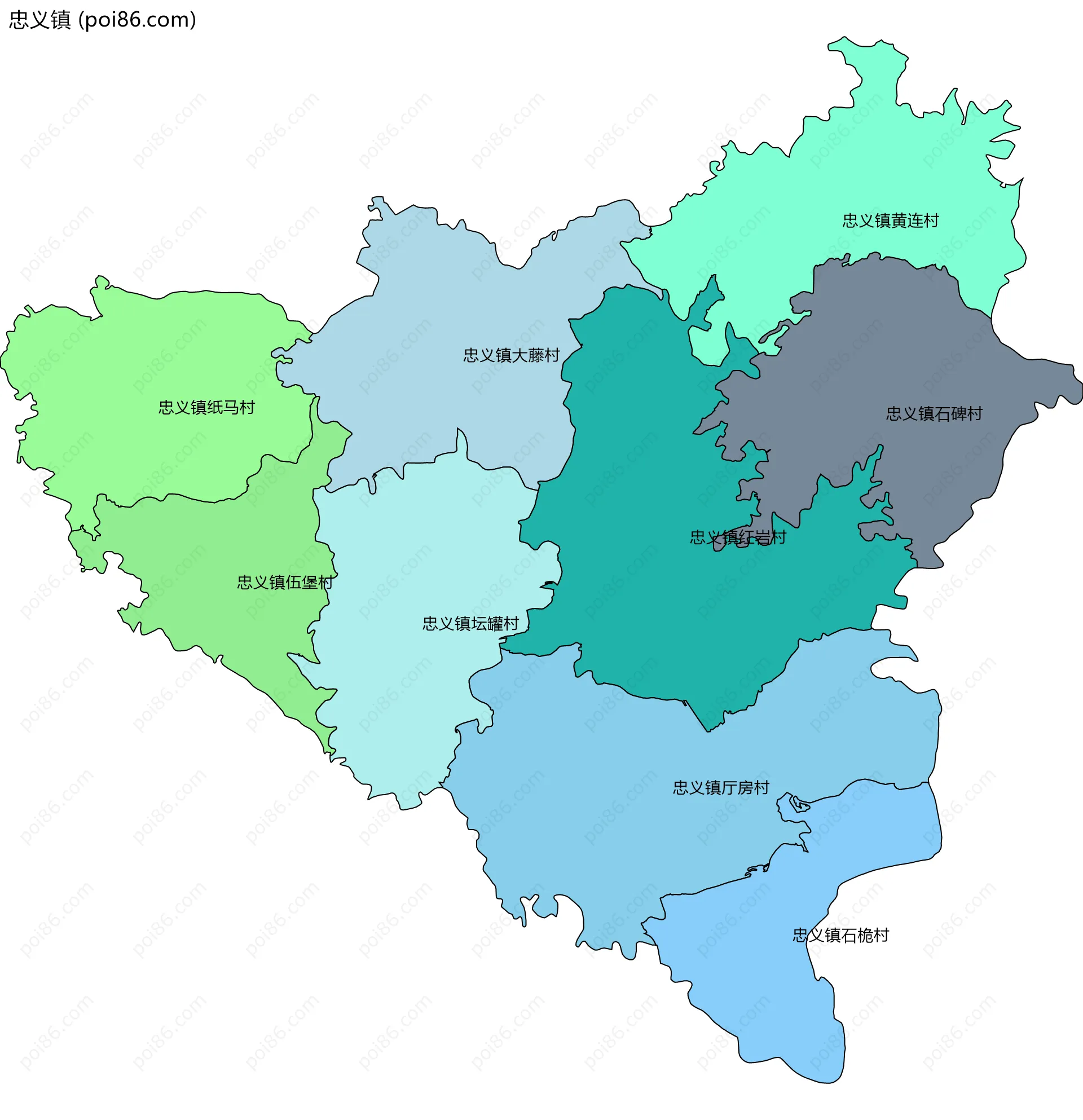 忠义镇边界地图(五级行政区划)