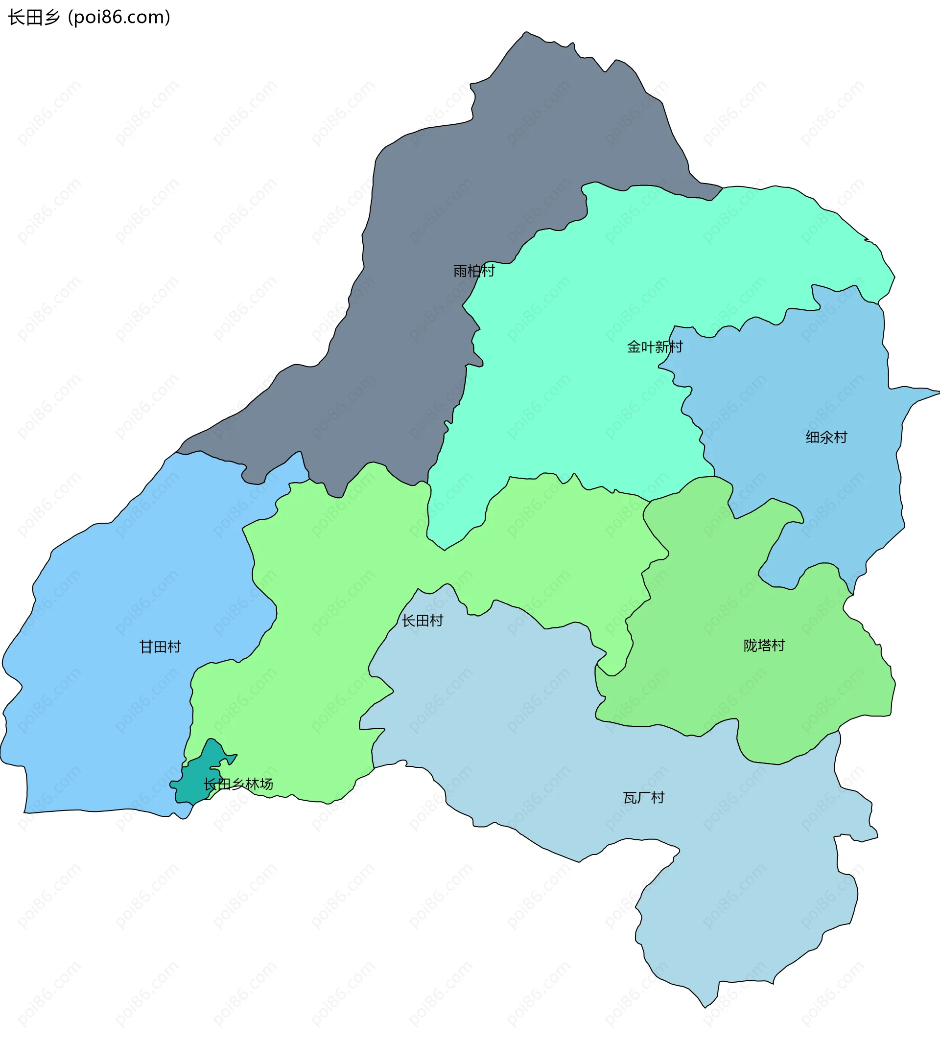 长田乡边界地图(五级行政区划)