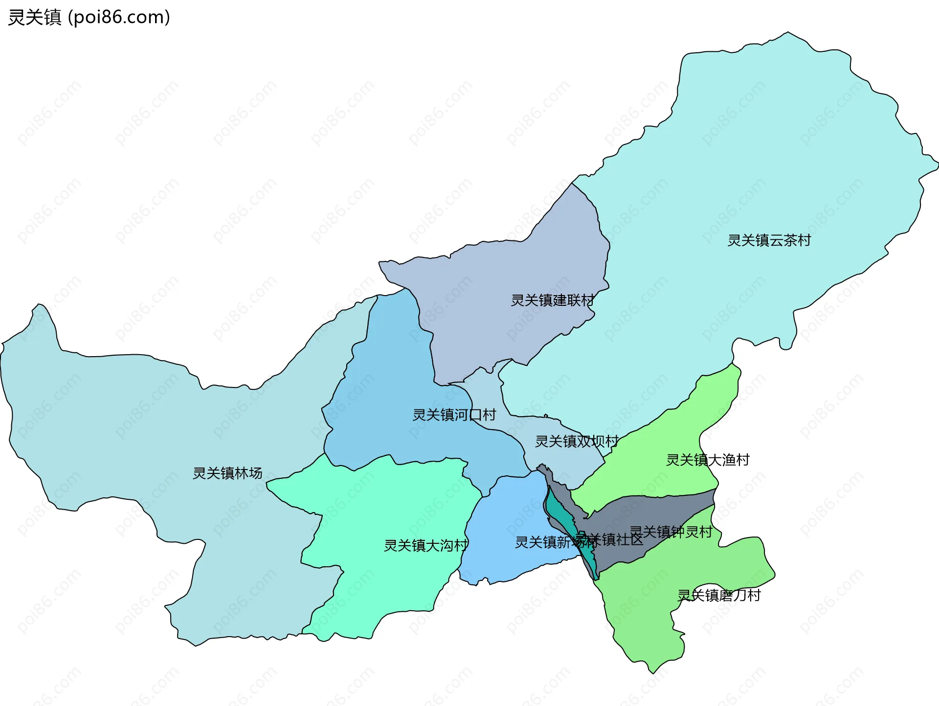 灵关镇边界地图(五级行政区划)
