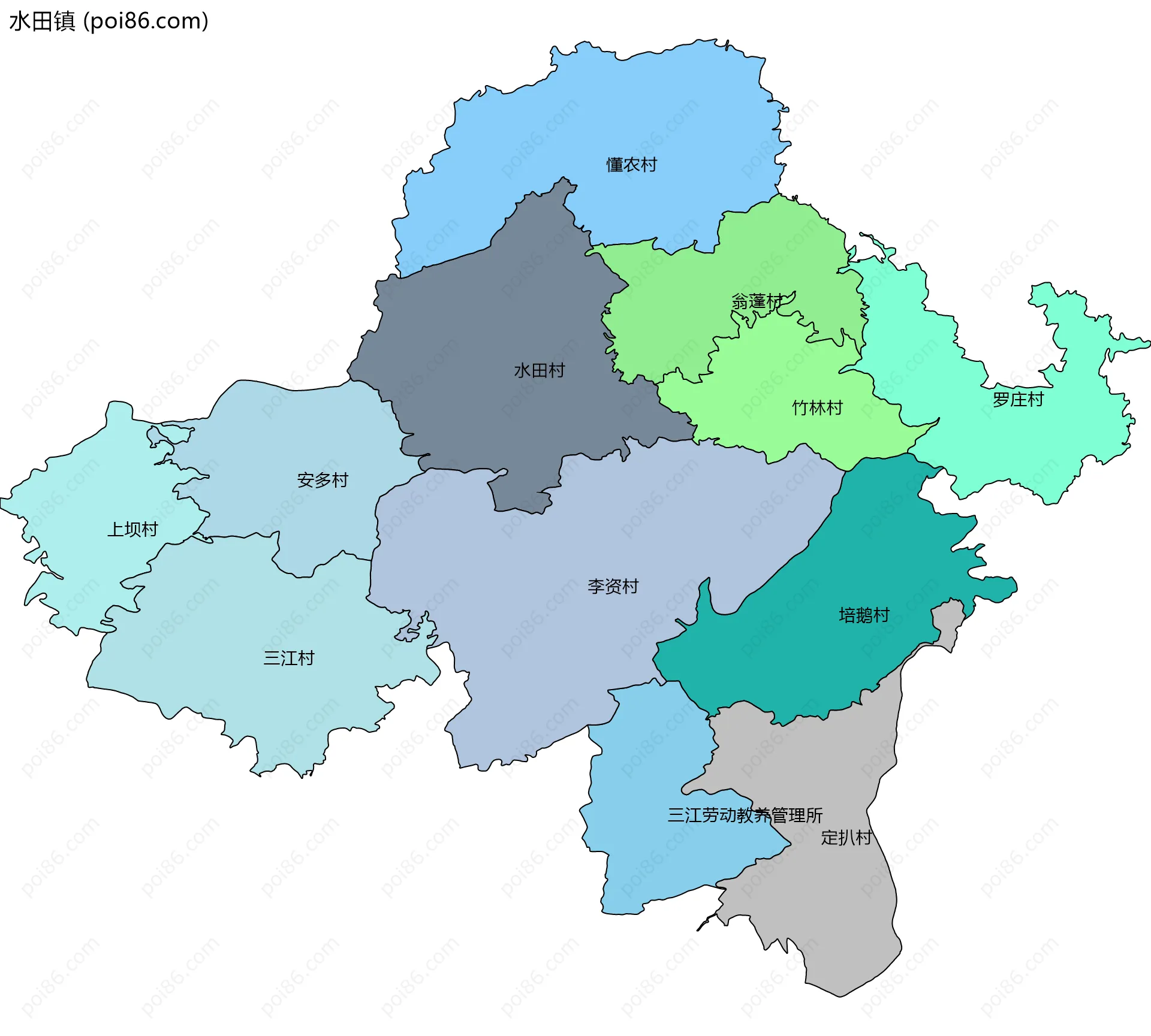 水田镇边界地图(五级行政区划)