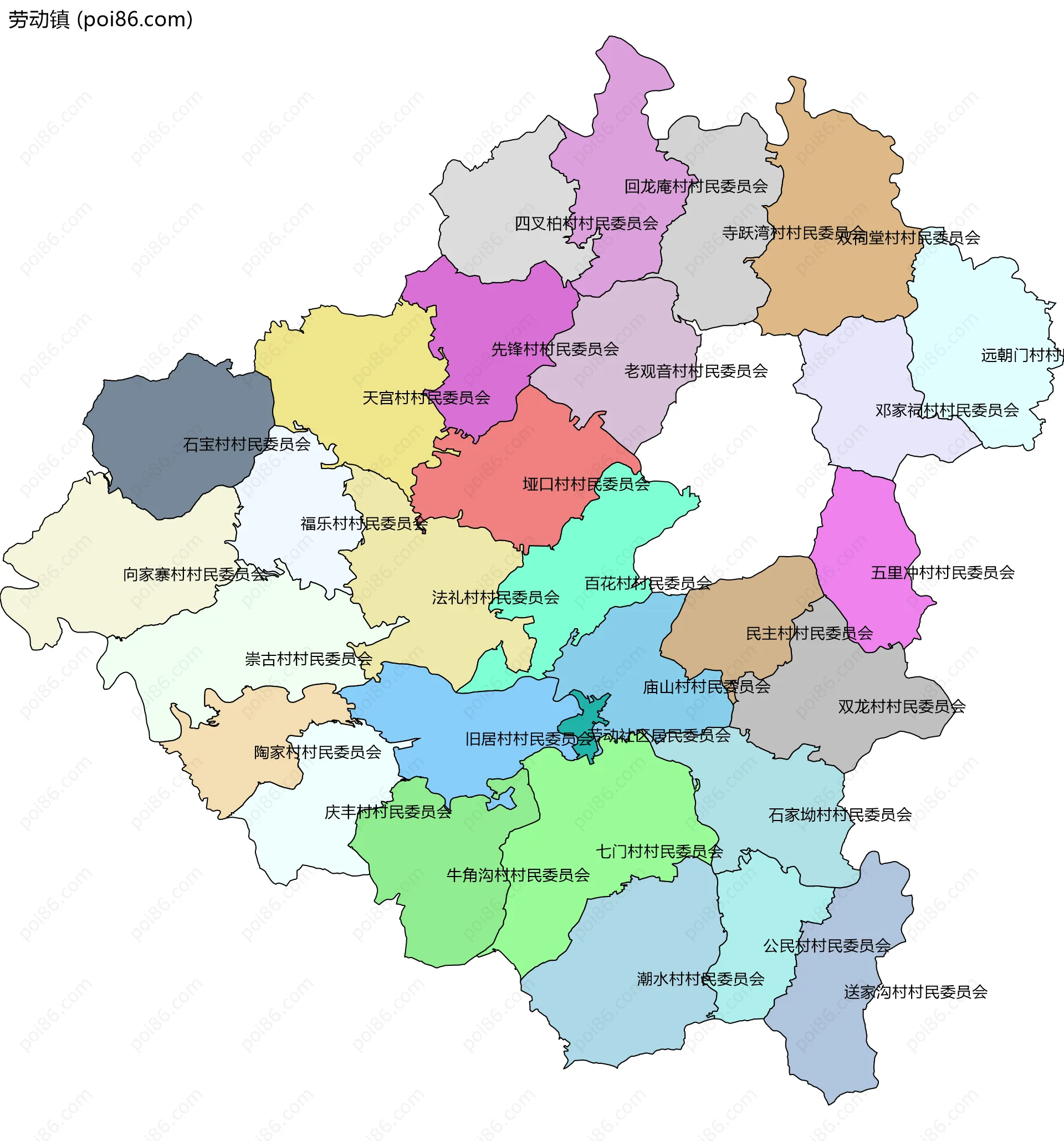 劳动镇边界地图(五级行政区划)