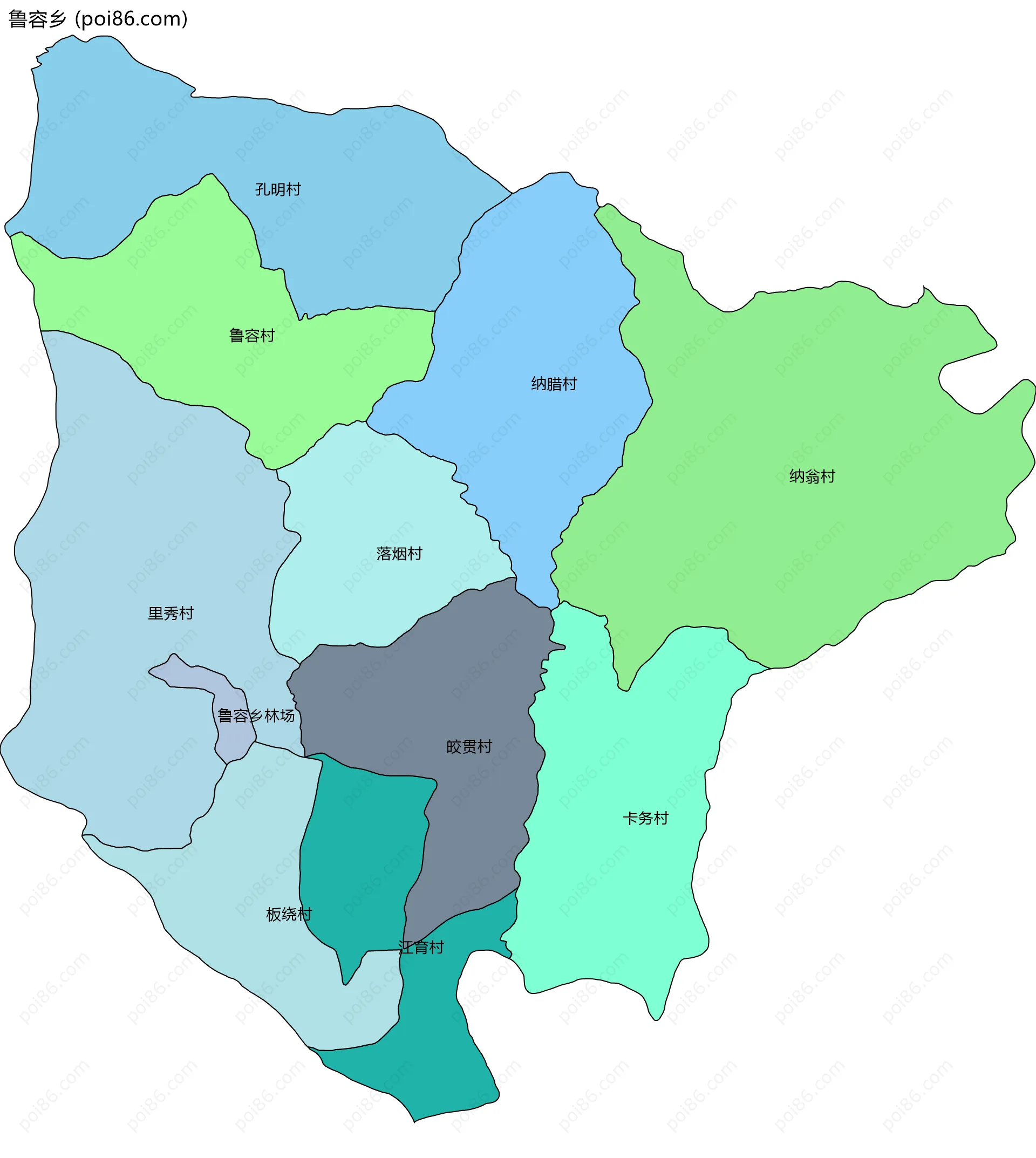 鲁容乡边界地图(五级行政区划)