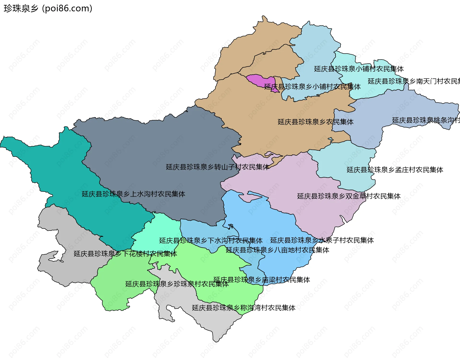 珍珠泉乡边界地图(五级行政区划)