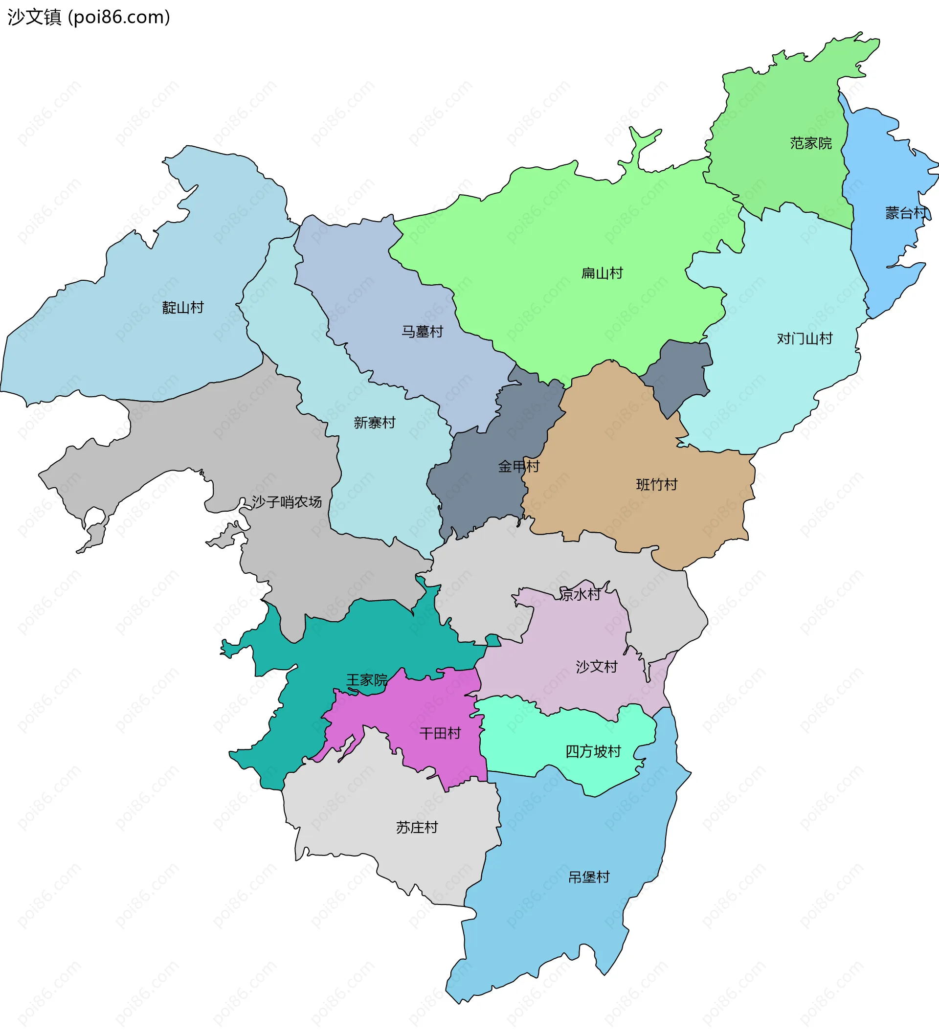 沙文镇边界地图(五级行政区划)