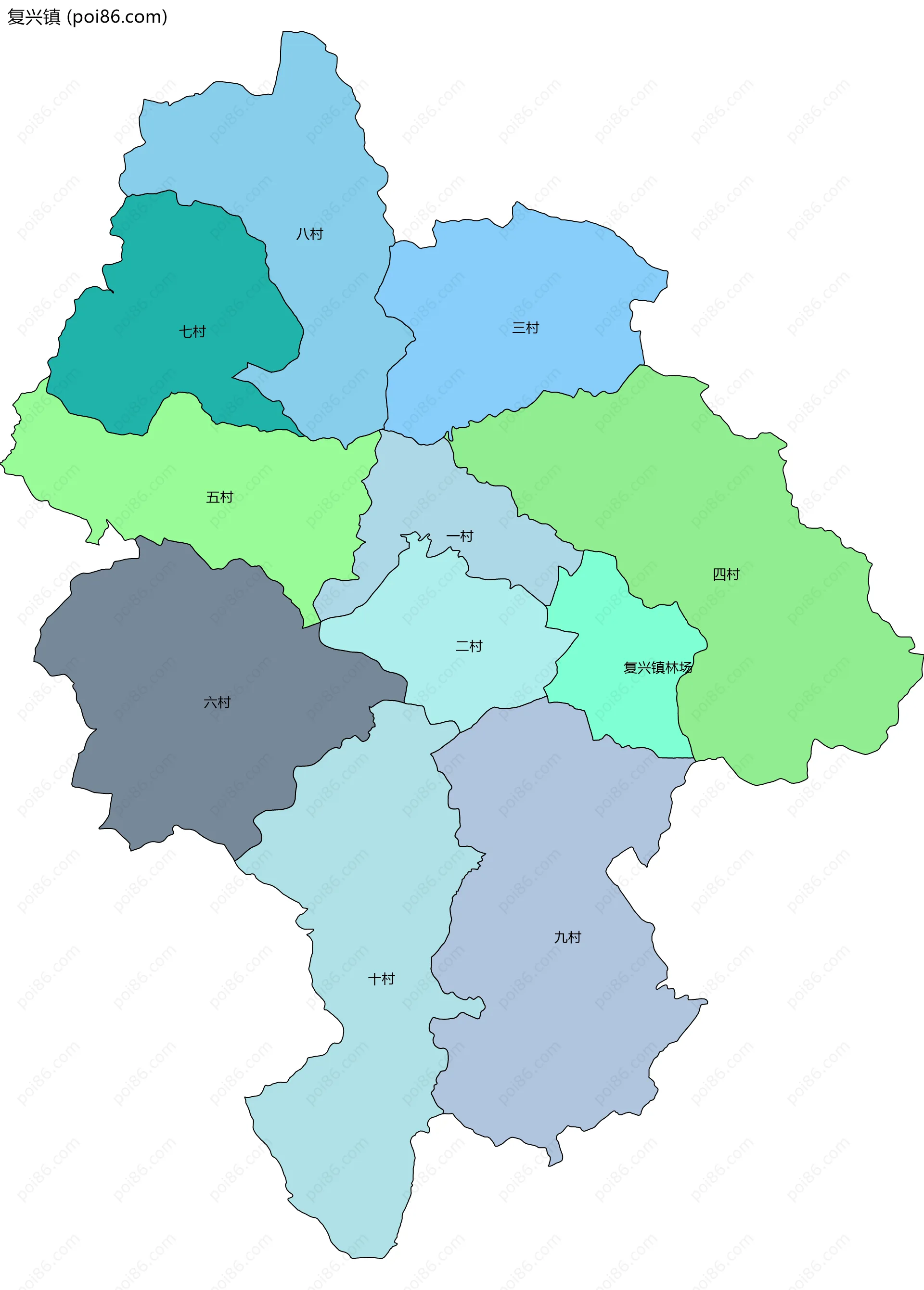 复兴镇边界地图(五级行政区划)