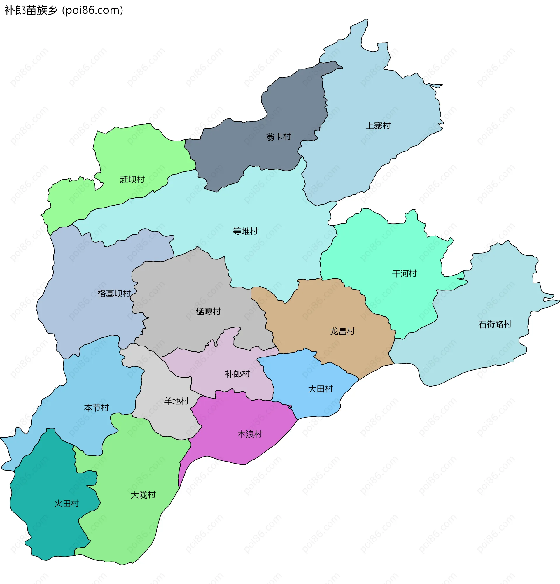 补郎苗族乡边界地图(五级行政区划)