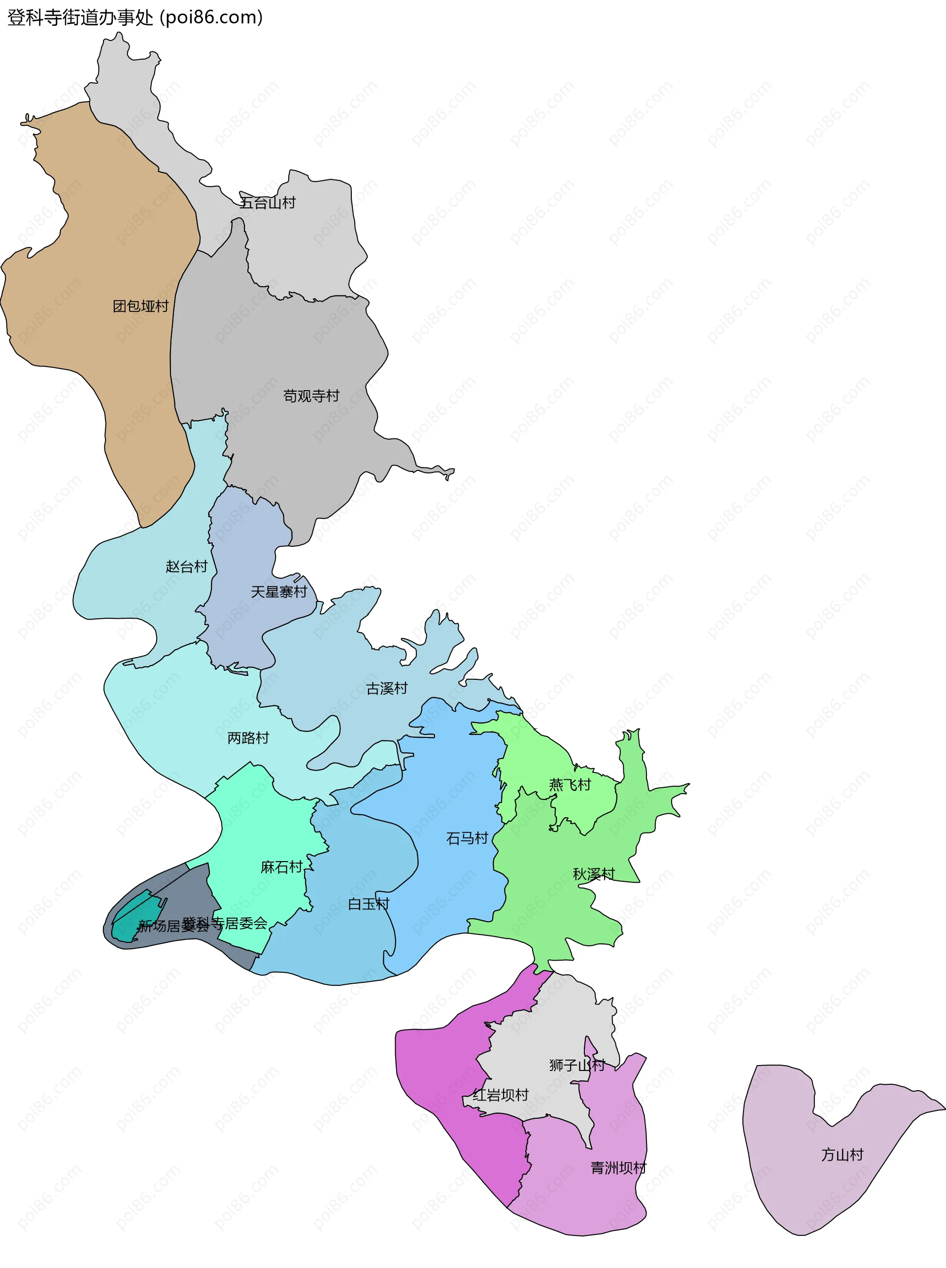 登科寺街道办事处边界地图(五级行政区划)
