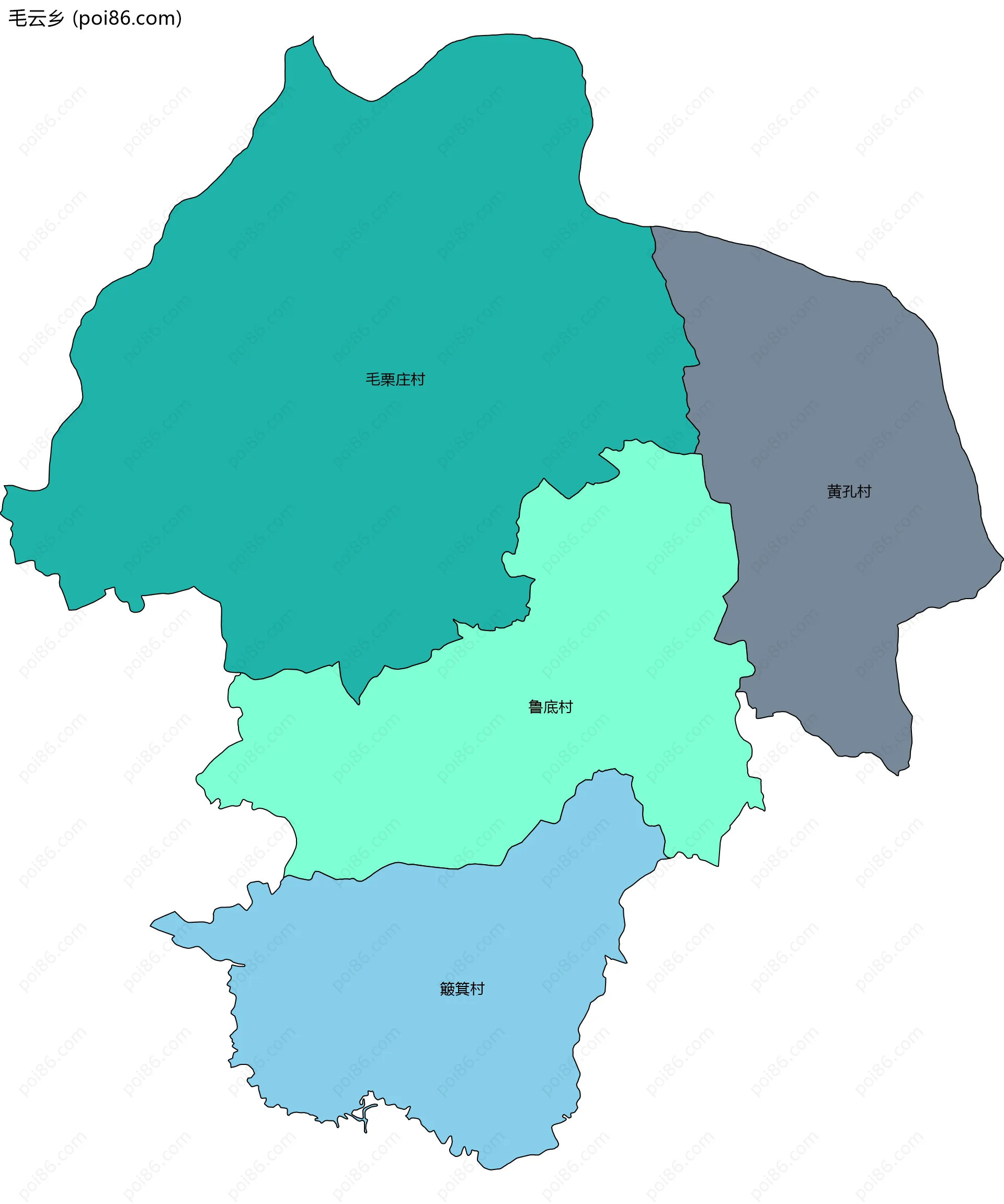 毛云乡边界地图(五级行政区划)