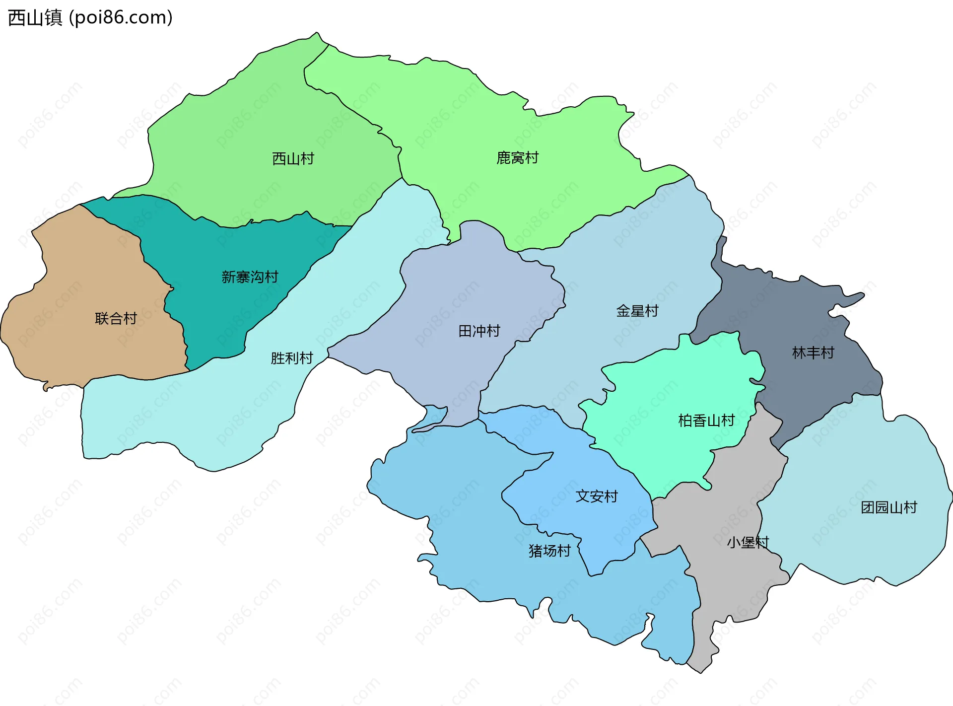 西山镇边界地图(五级行政区划)