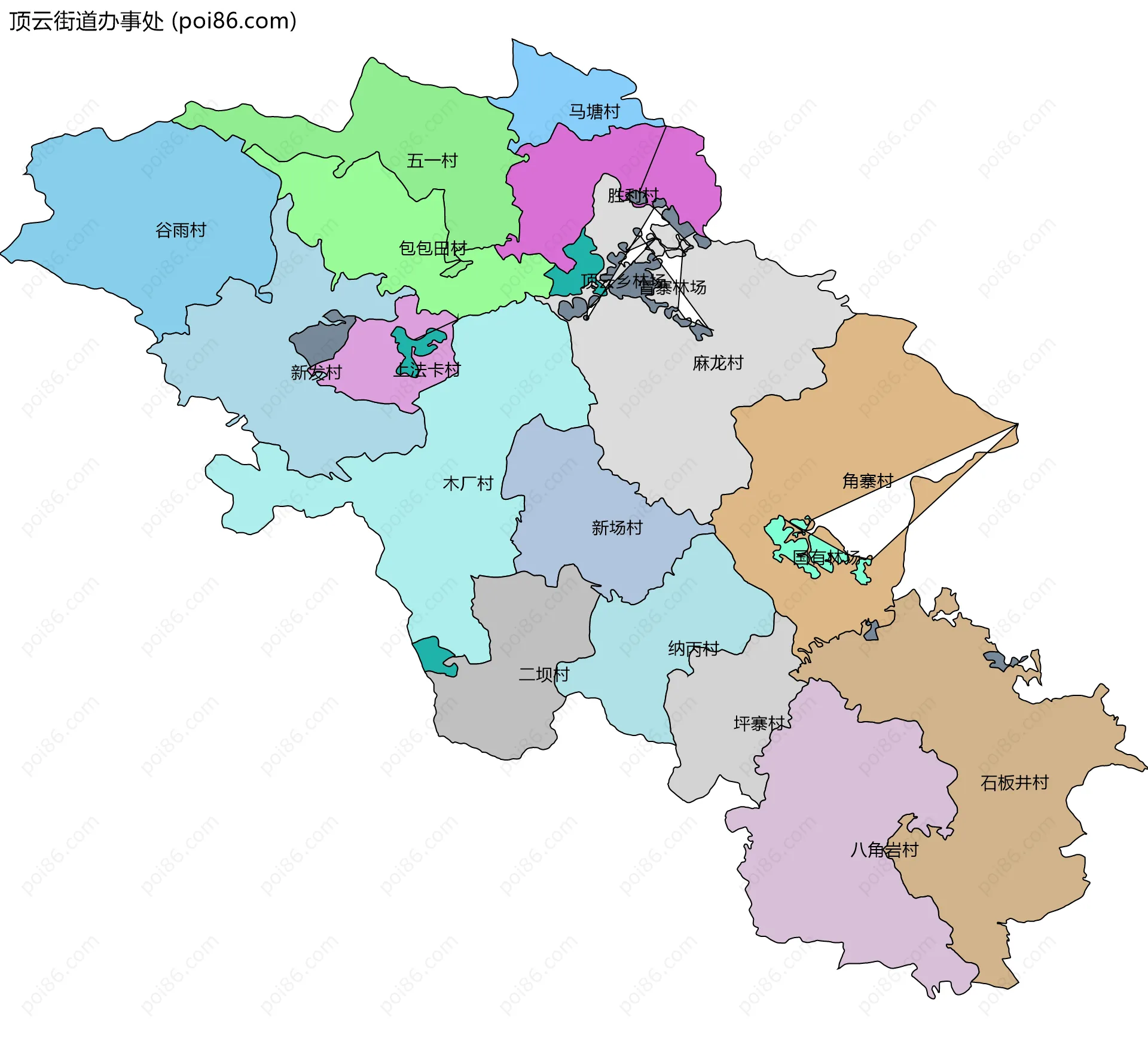 顶云街道办事处边界地图(五级行政区划)