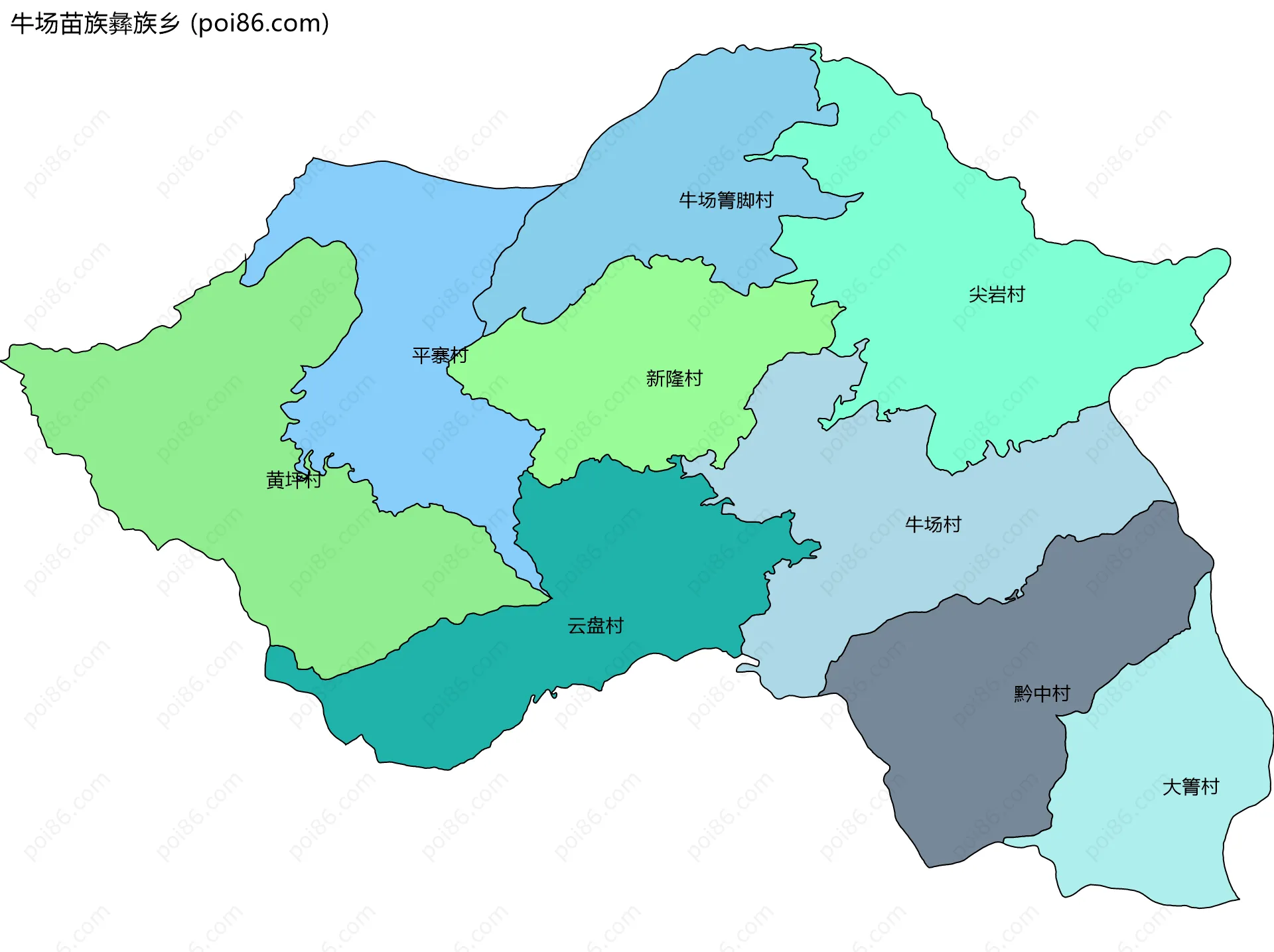 牛场苗族彝族乡边界地图(五级行政区划)