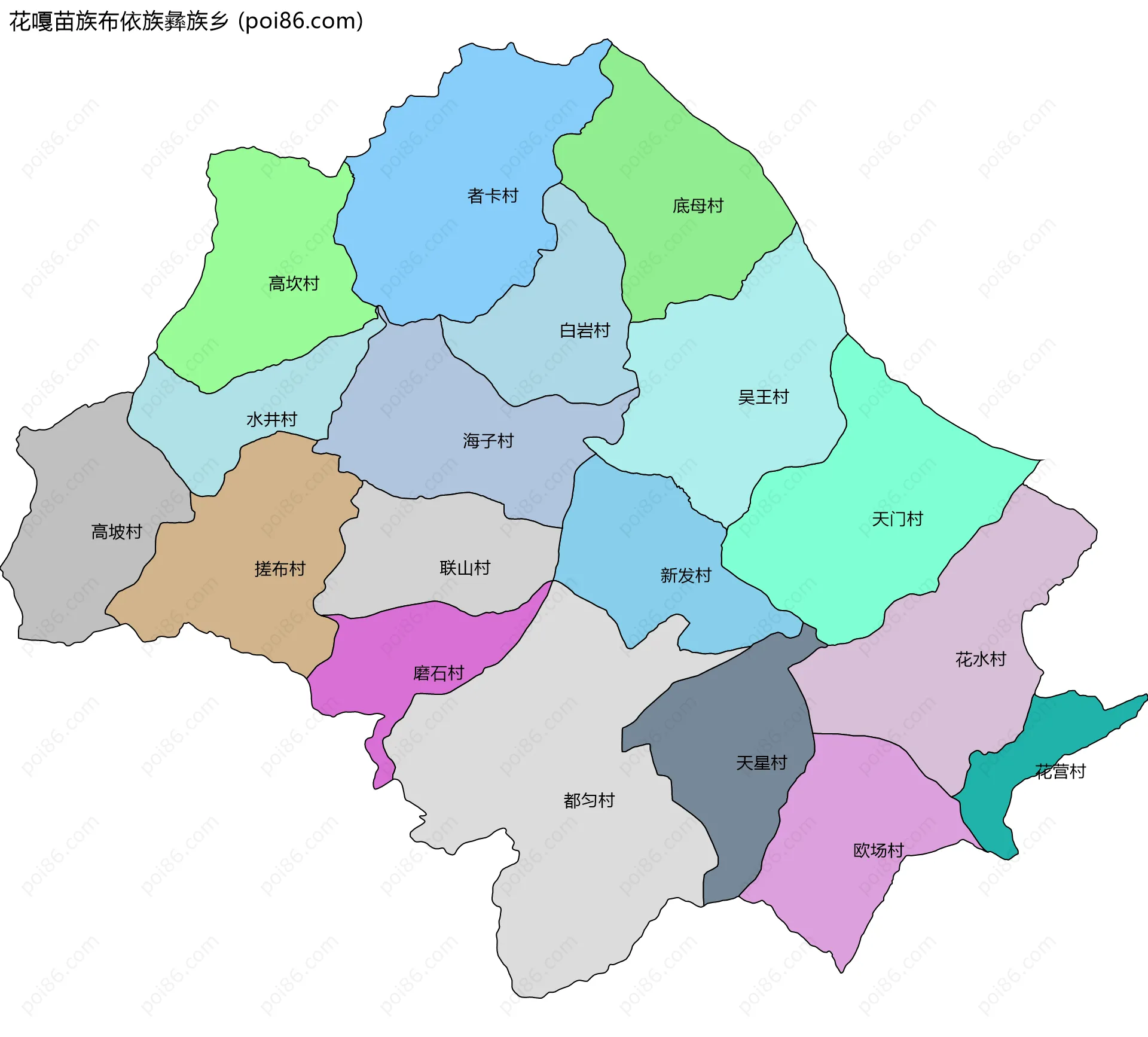 花嘎苗族布依族彝族乡边界地图(五级行政区划)