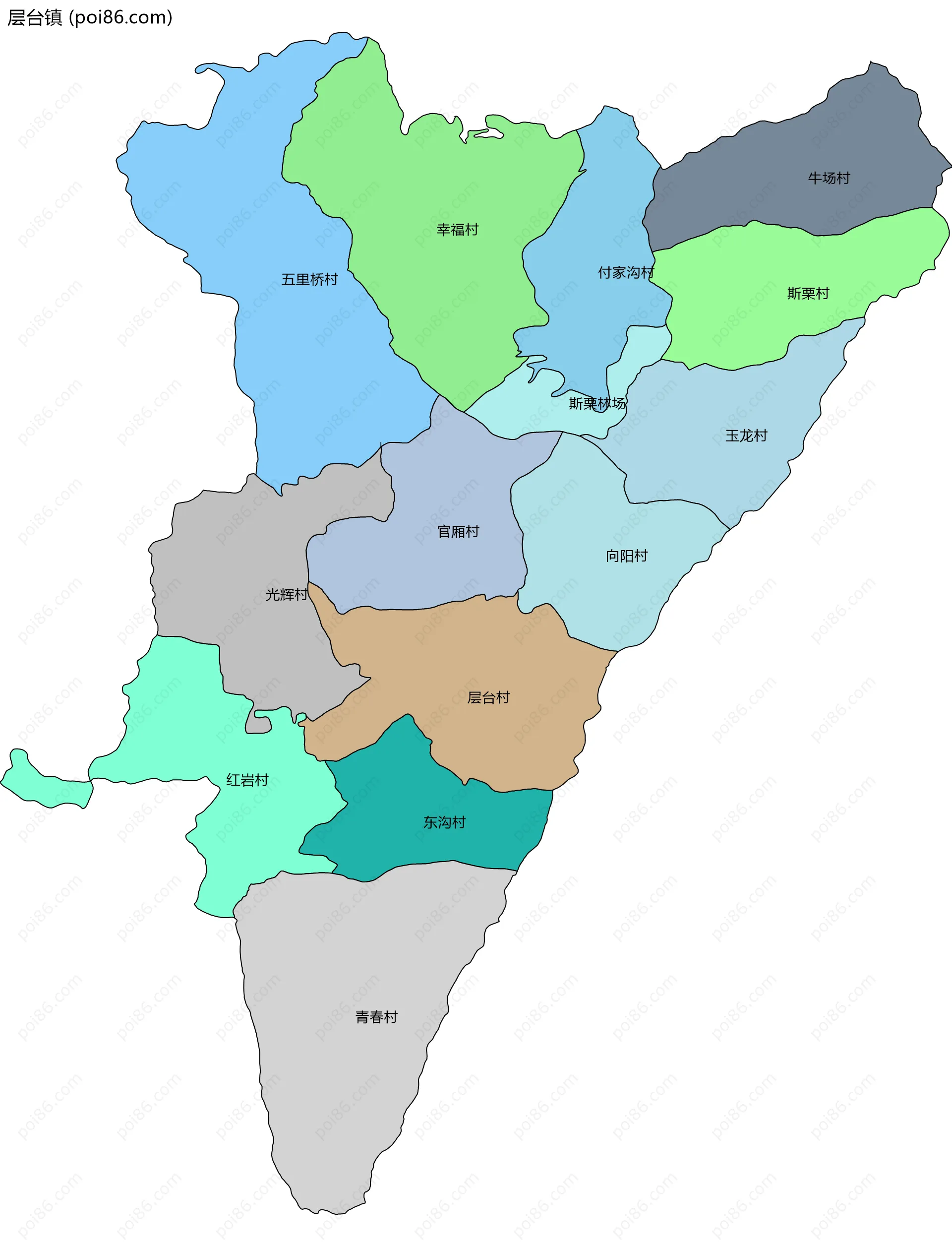 层台镇边界地图(五级行政区划)