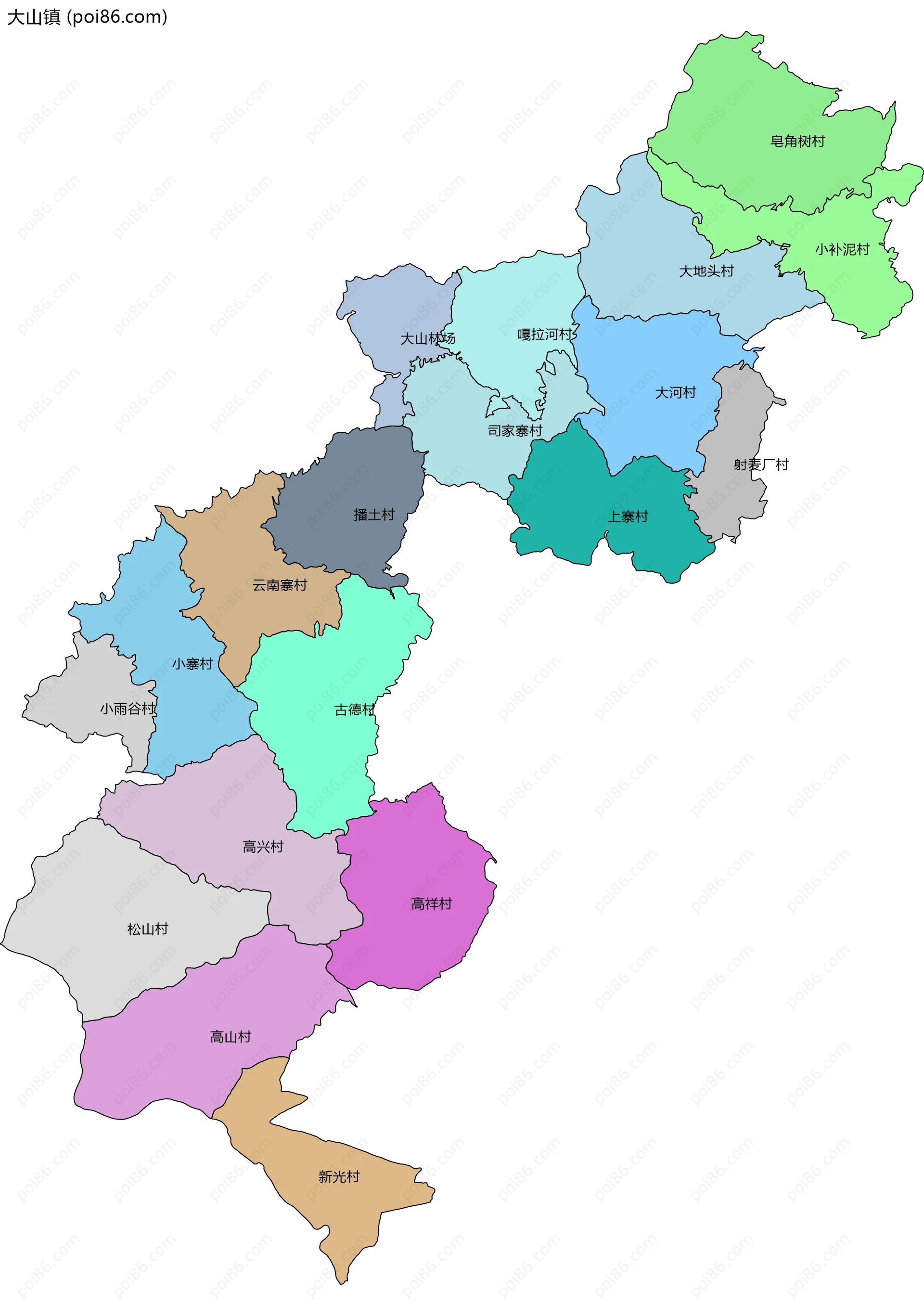 大山镇边界地图(五级行政区划)