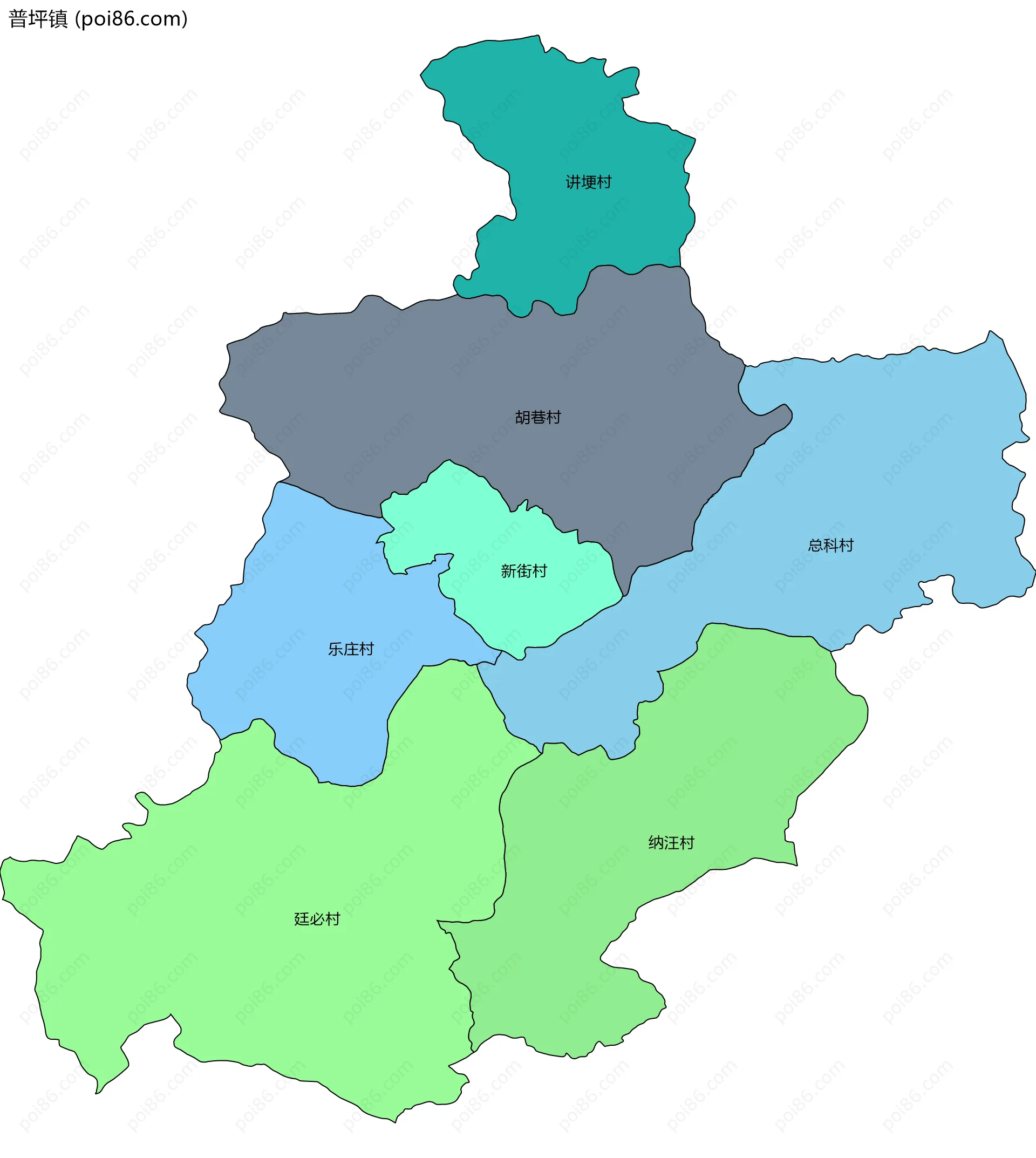 普坪镇边界地图(五级行政区划)