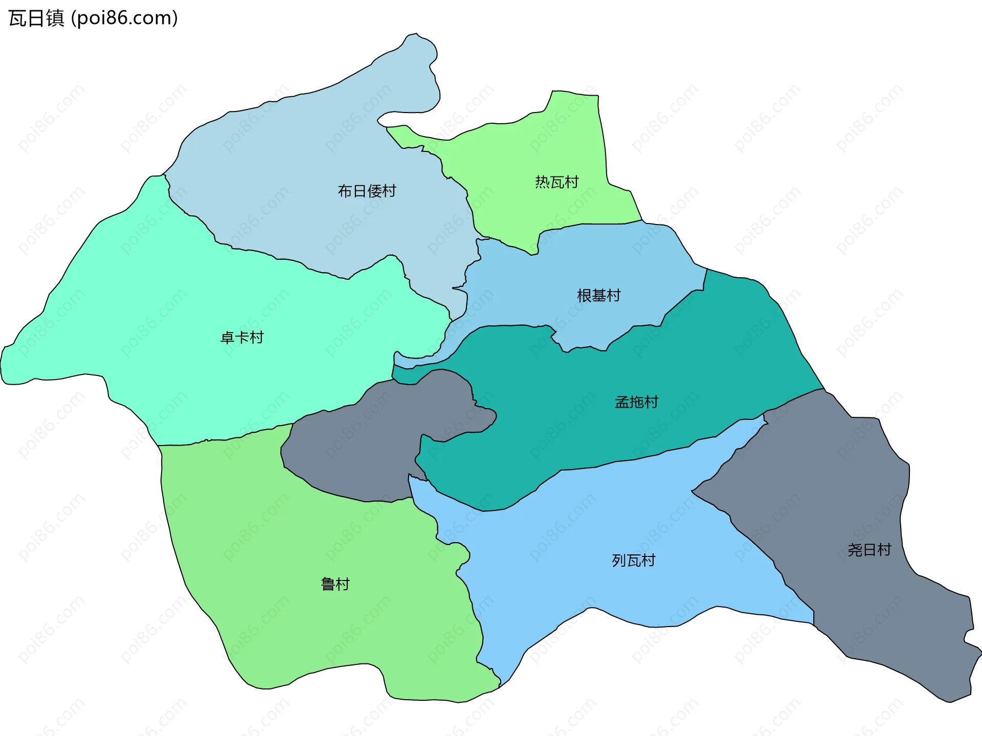瓦日镇边界地图(五级行政区划)