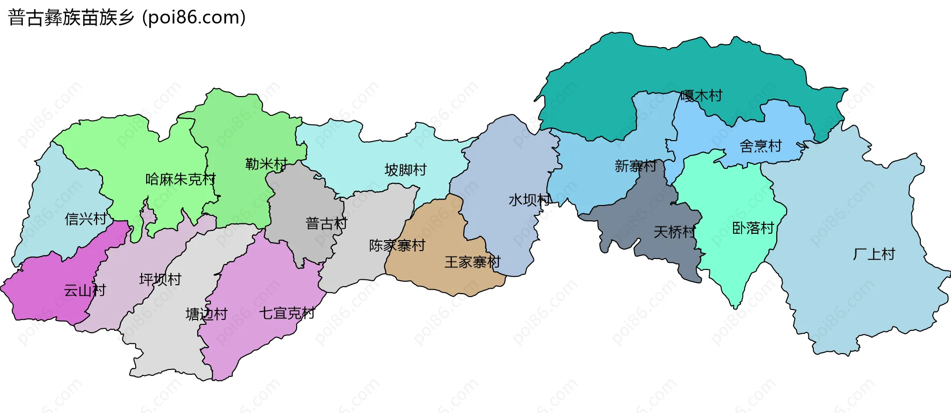 普古彝族苗族乡边界地图(五级行政区划)