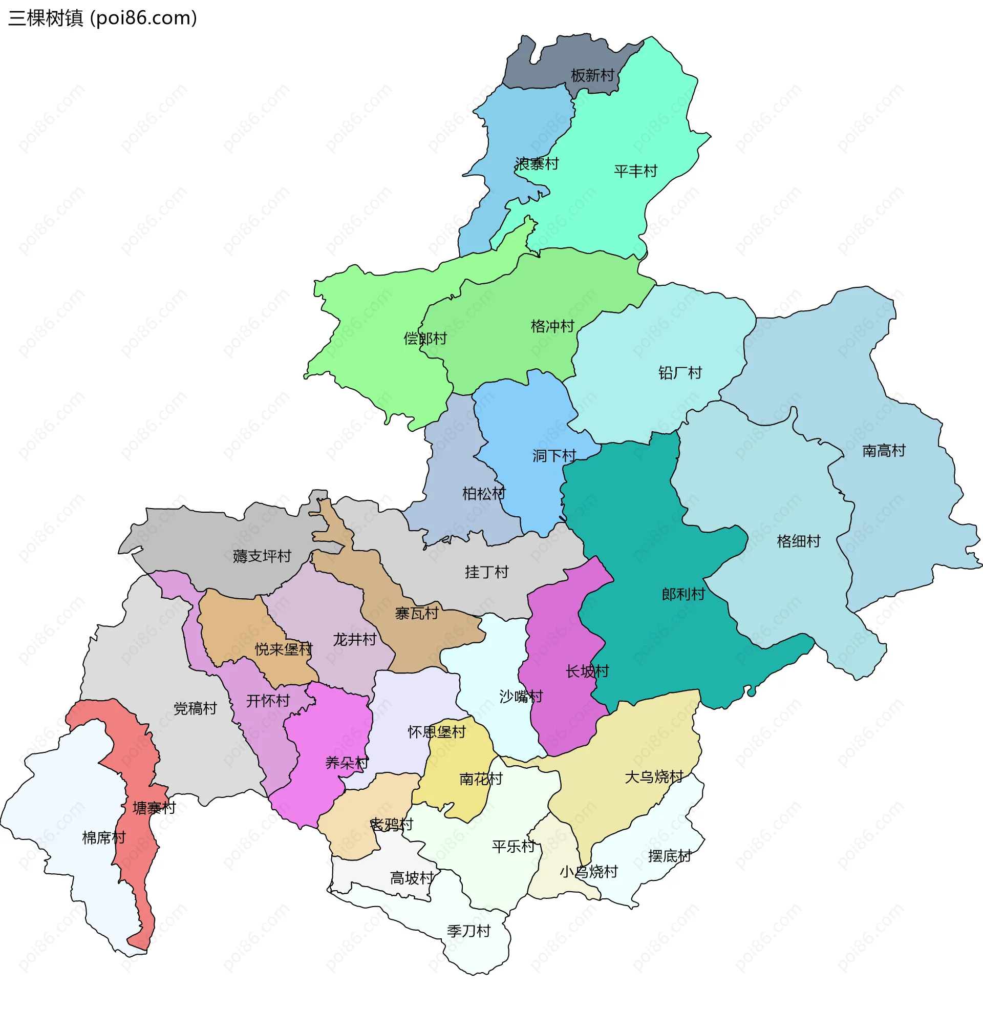 三棵树镇边界地图(五级行政区划)