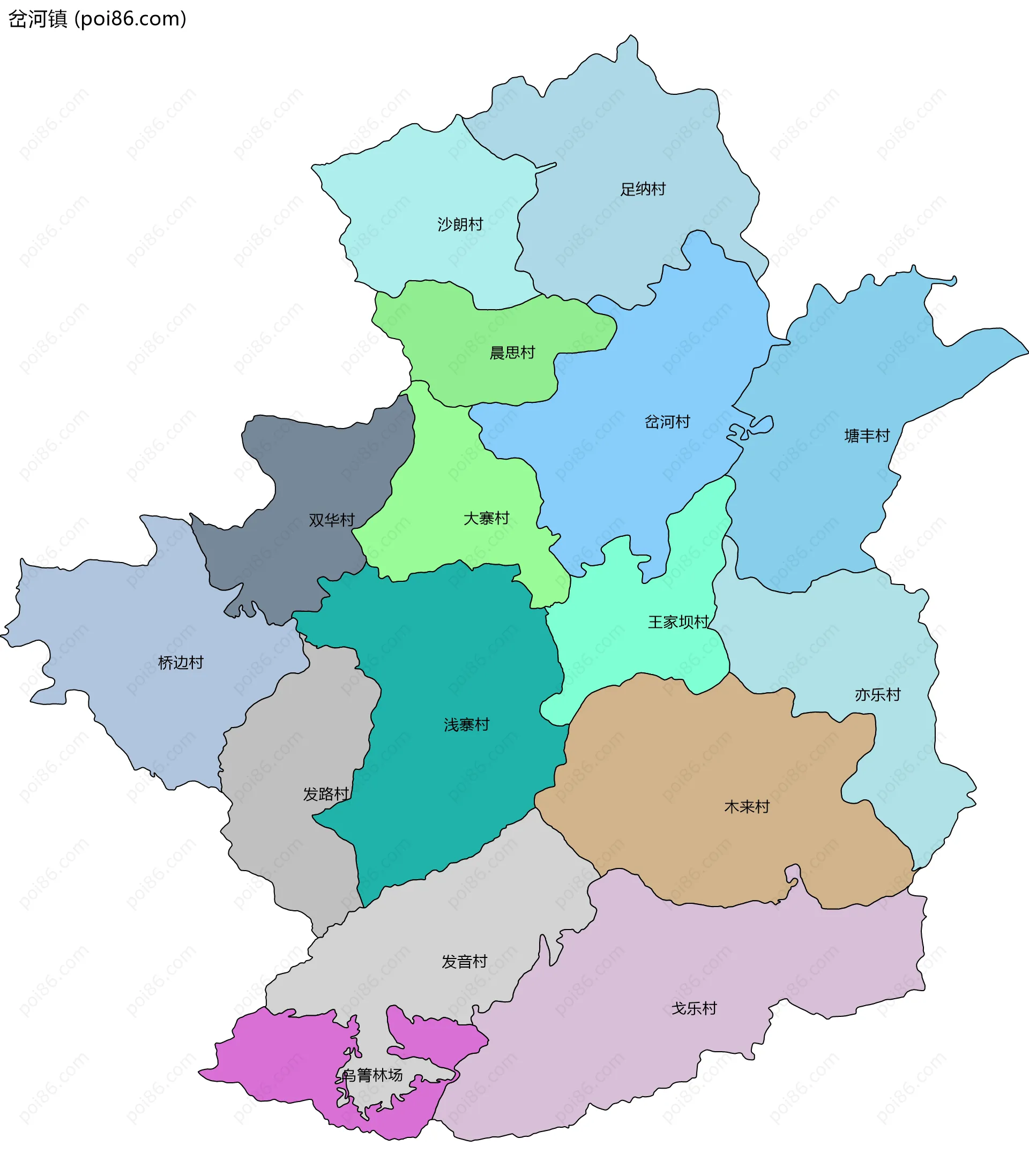 岔河镇边界地图(五级行政区划)
