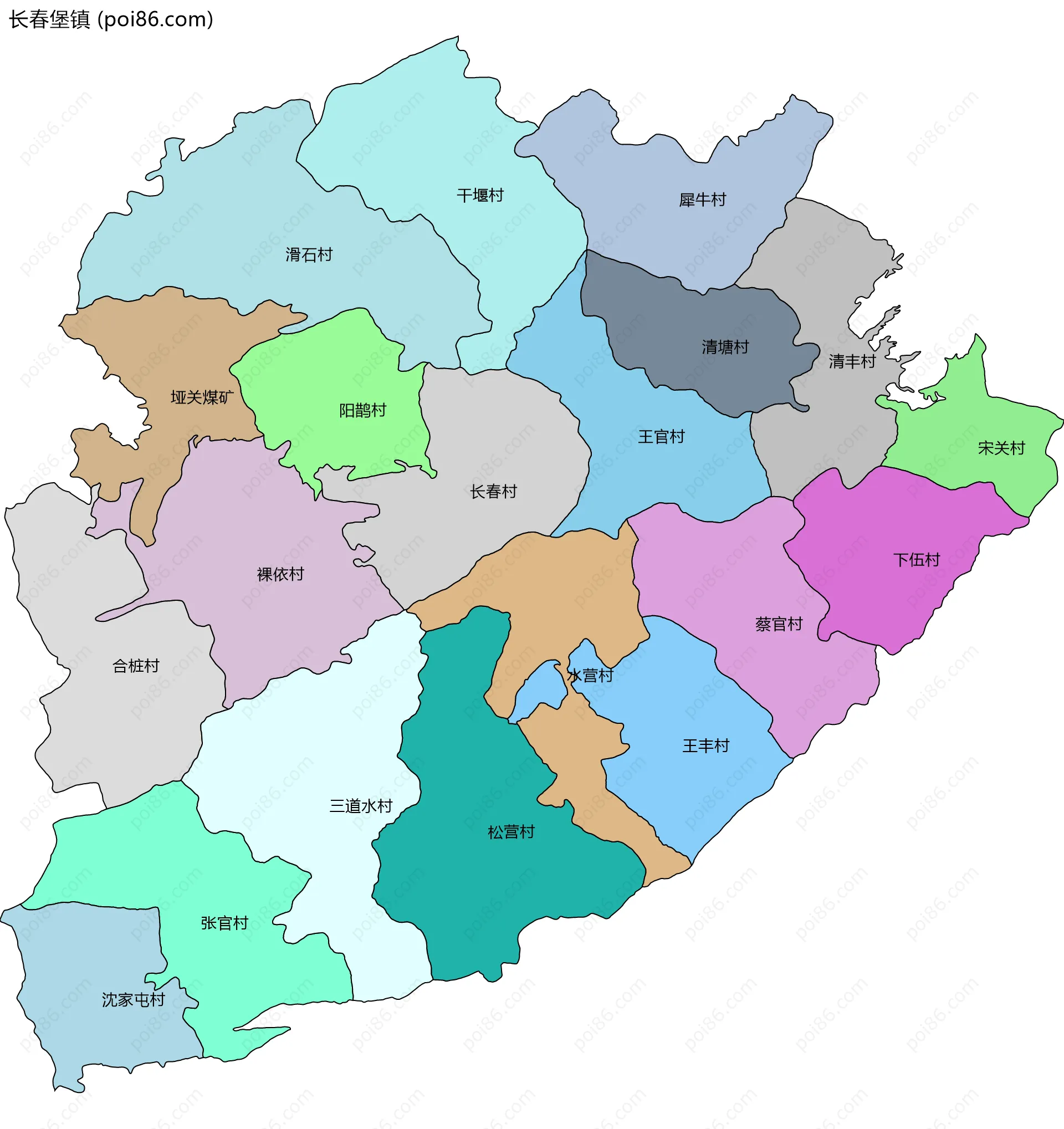 长春堡镇边界地图(五级行政区划)