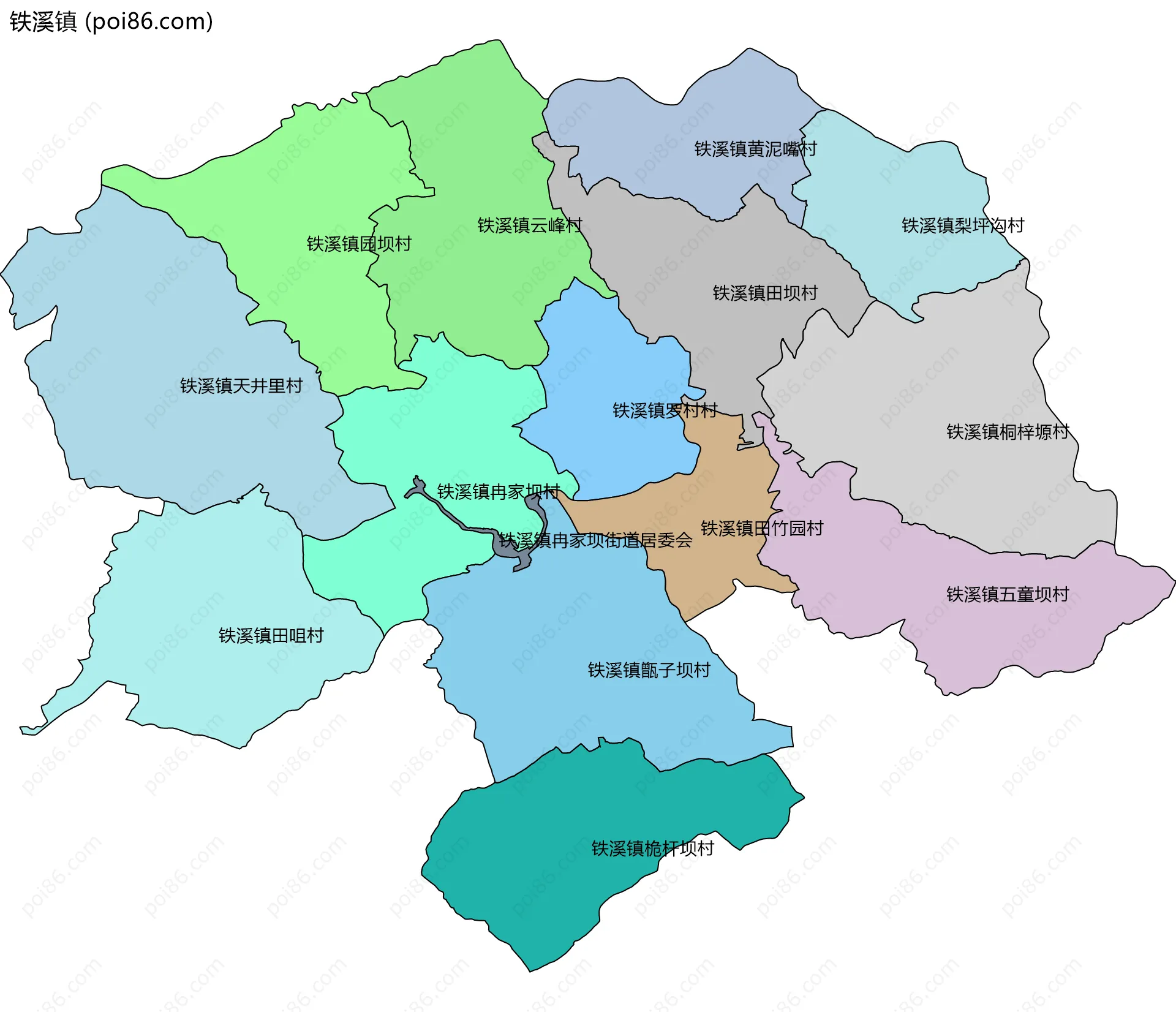 铁溪镇边界地图(五级行政区划)