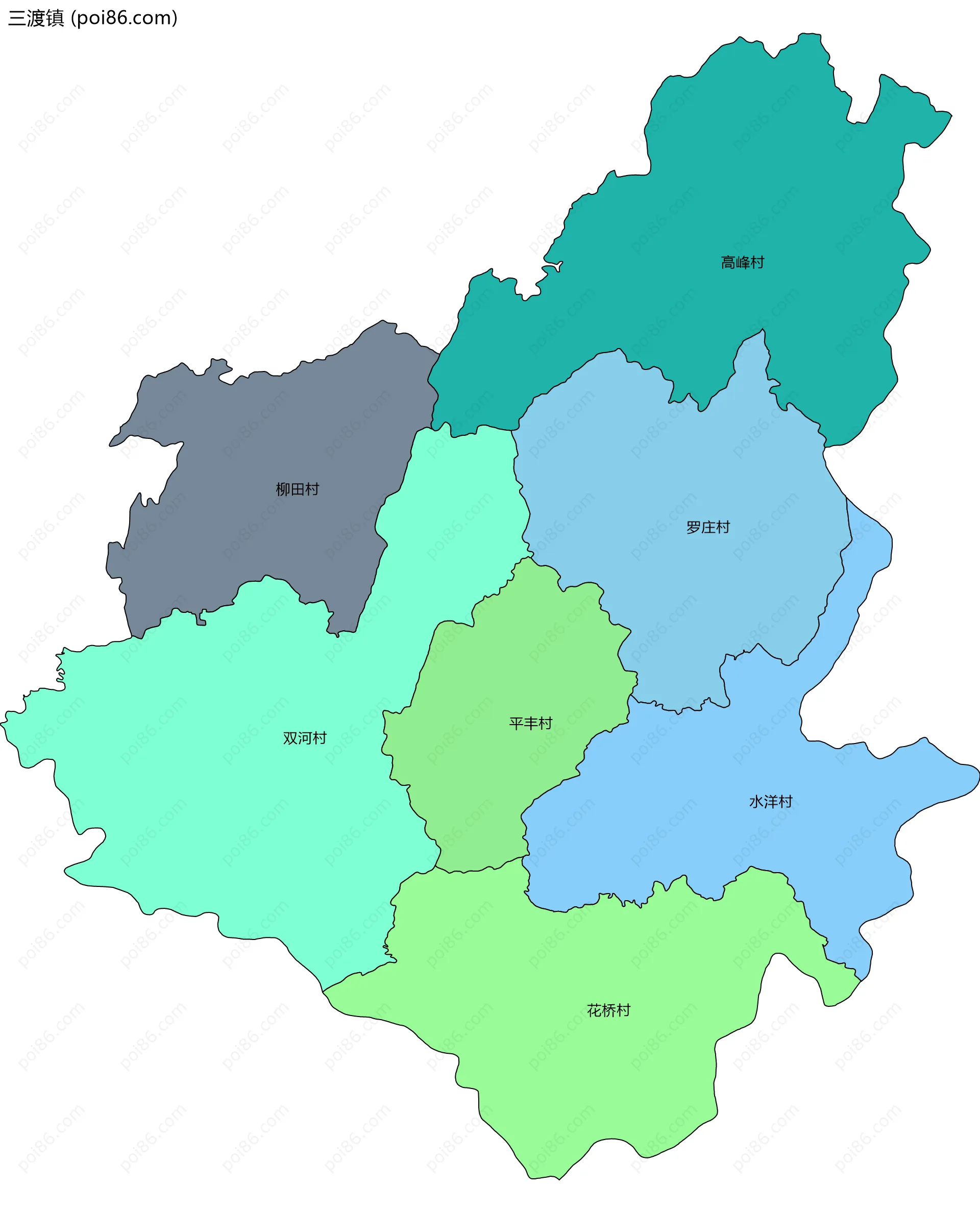 三渡镇边界地图(五级行政区划)