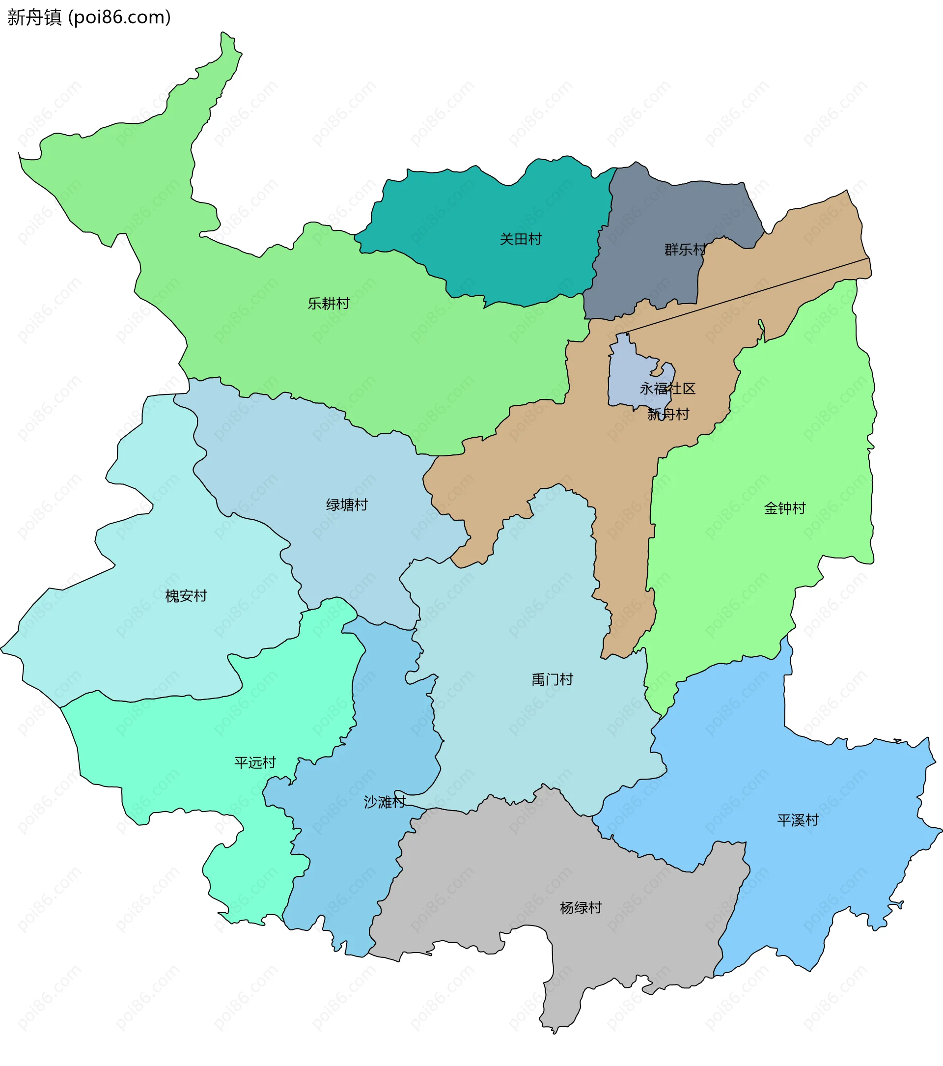 新舟镇边界地图(五级行政区划)