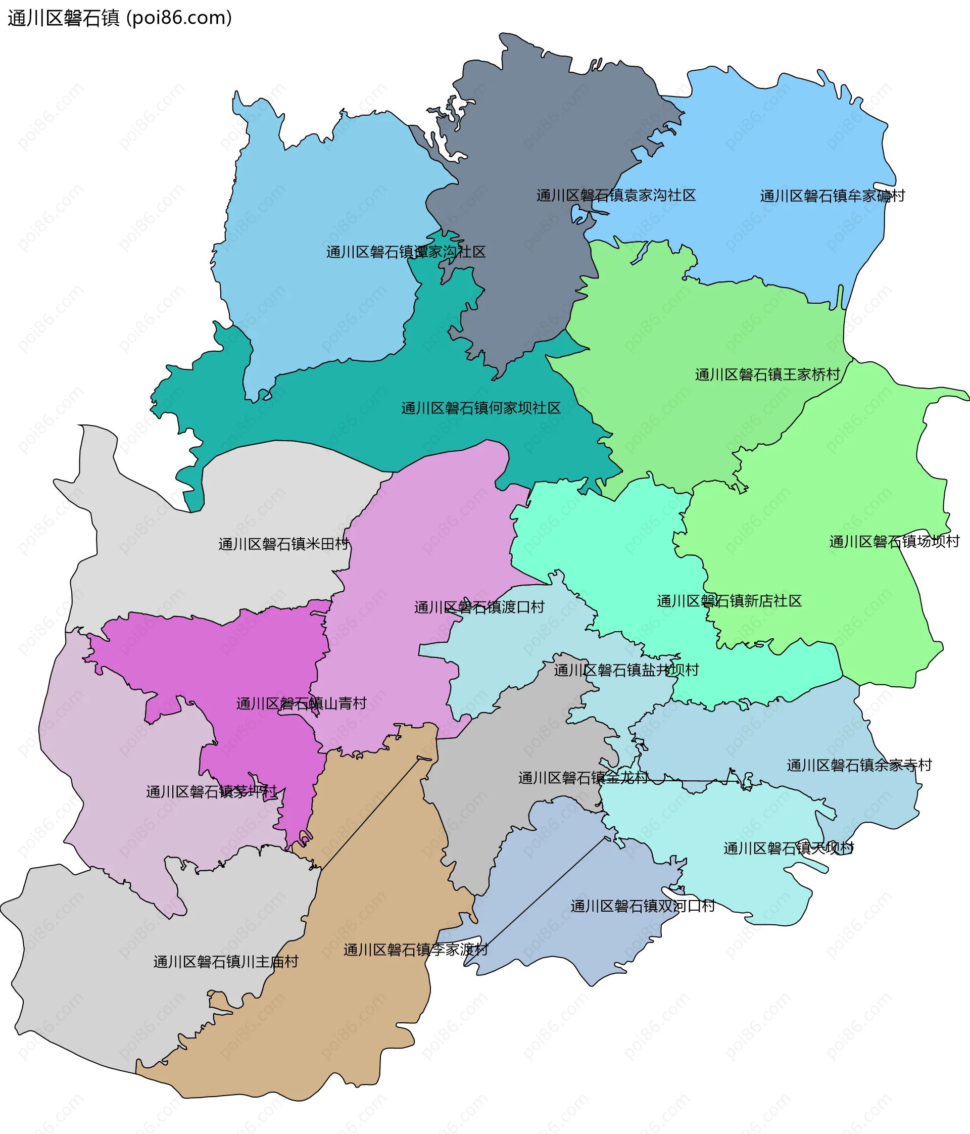 通川区磐石镇边界地图(五级行政区划)