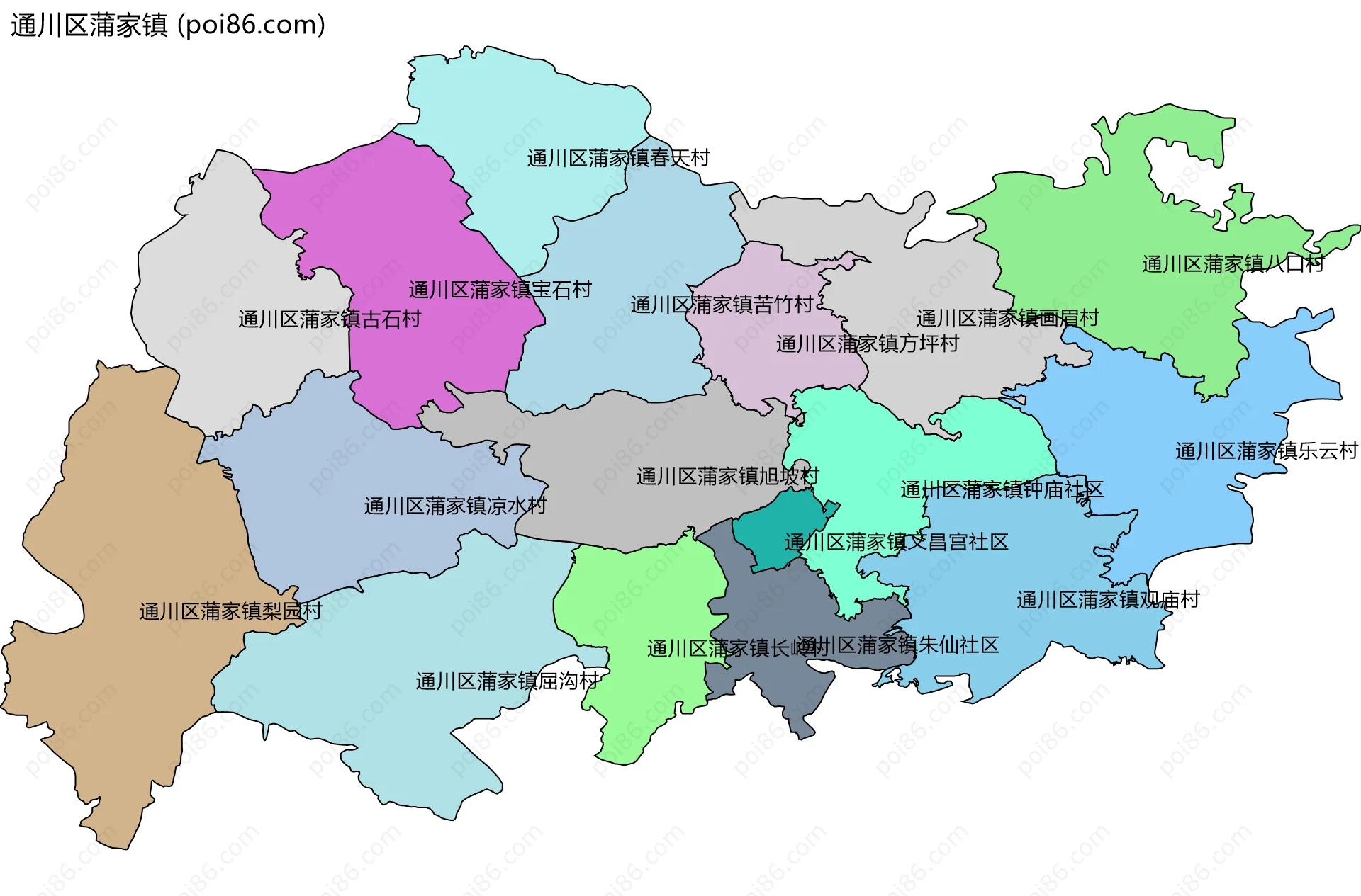 通川区蒲家镇边界地图(五级行政区划)