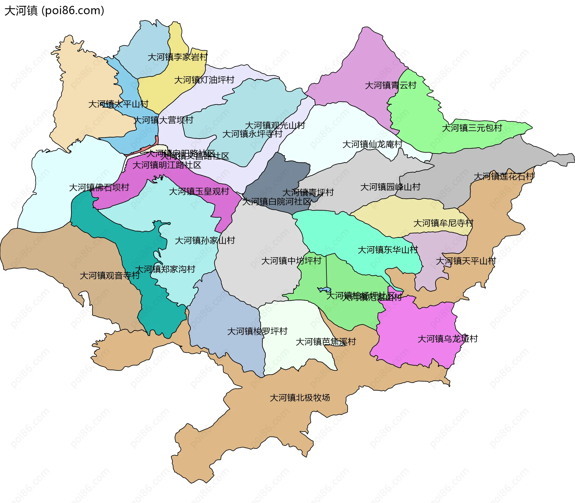 大河镇边界地图(五级行政区划)