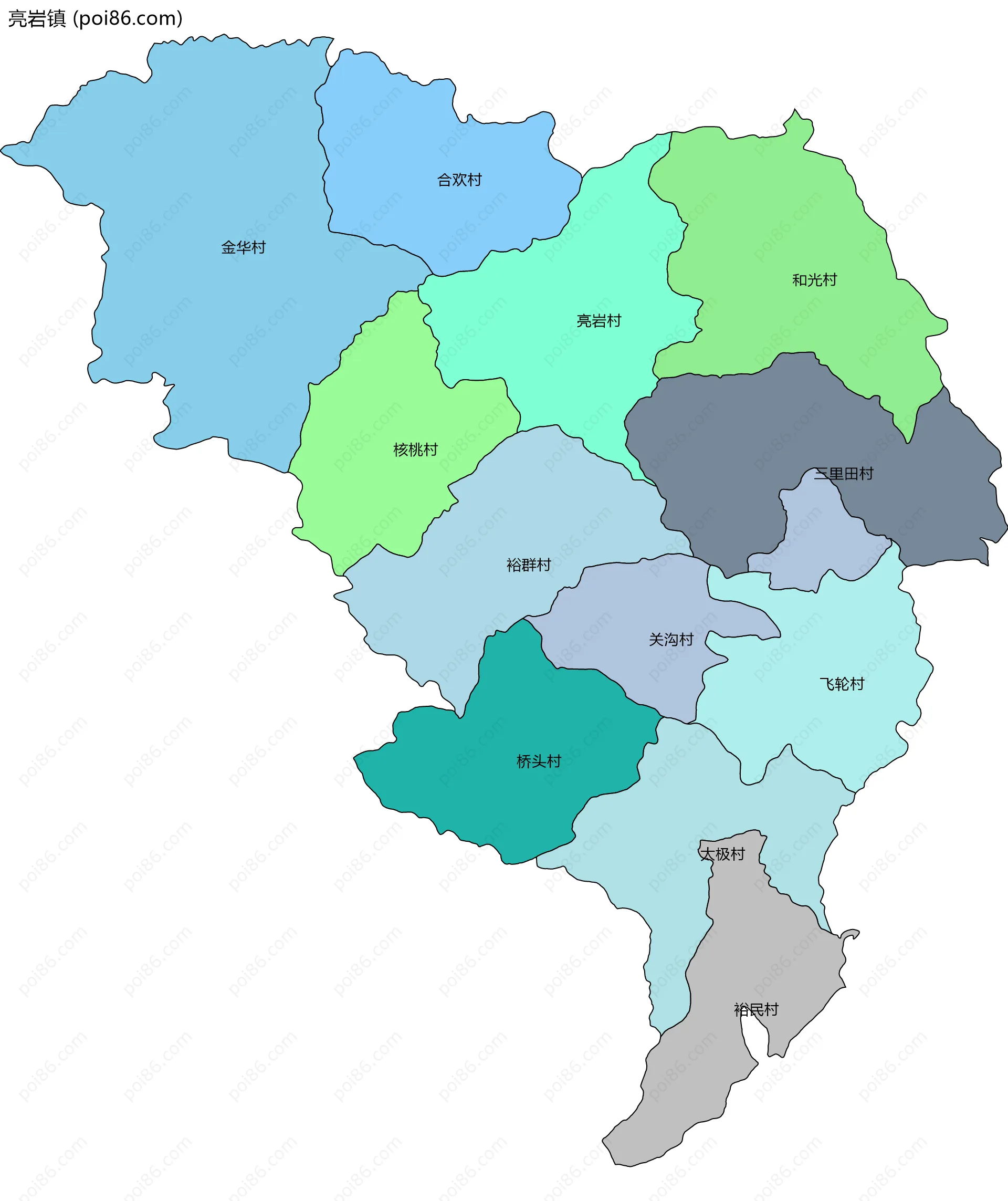 亮岩镇边界地图(五级行政区划)